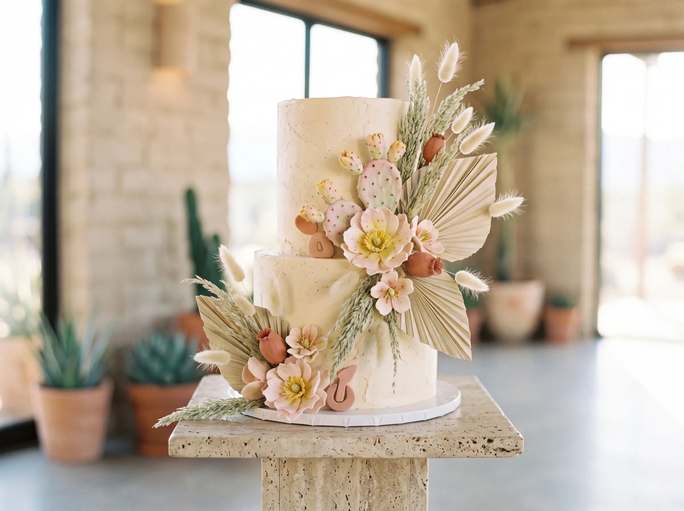 Modern two-tier wedding cake with sculptural desert blooms and earthy botanical details