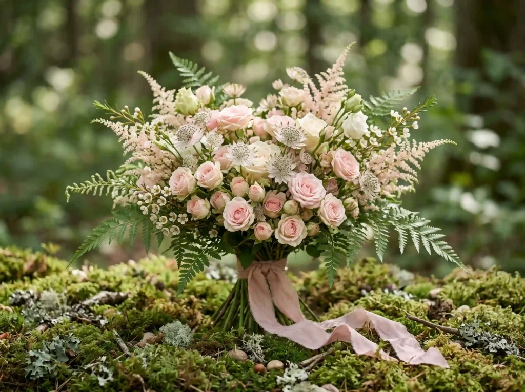 Fairy Garden Blush Inspiration A whimsical wood Woodland bouquet with spray roses