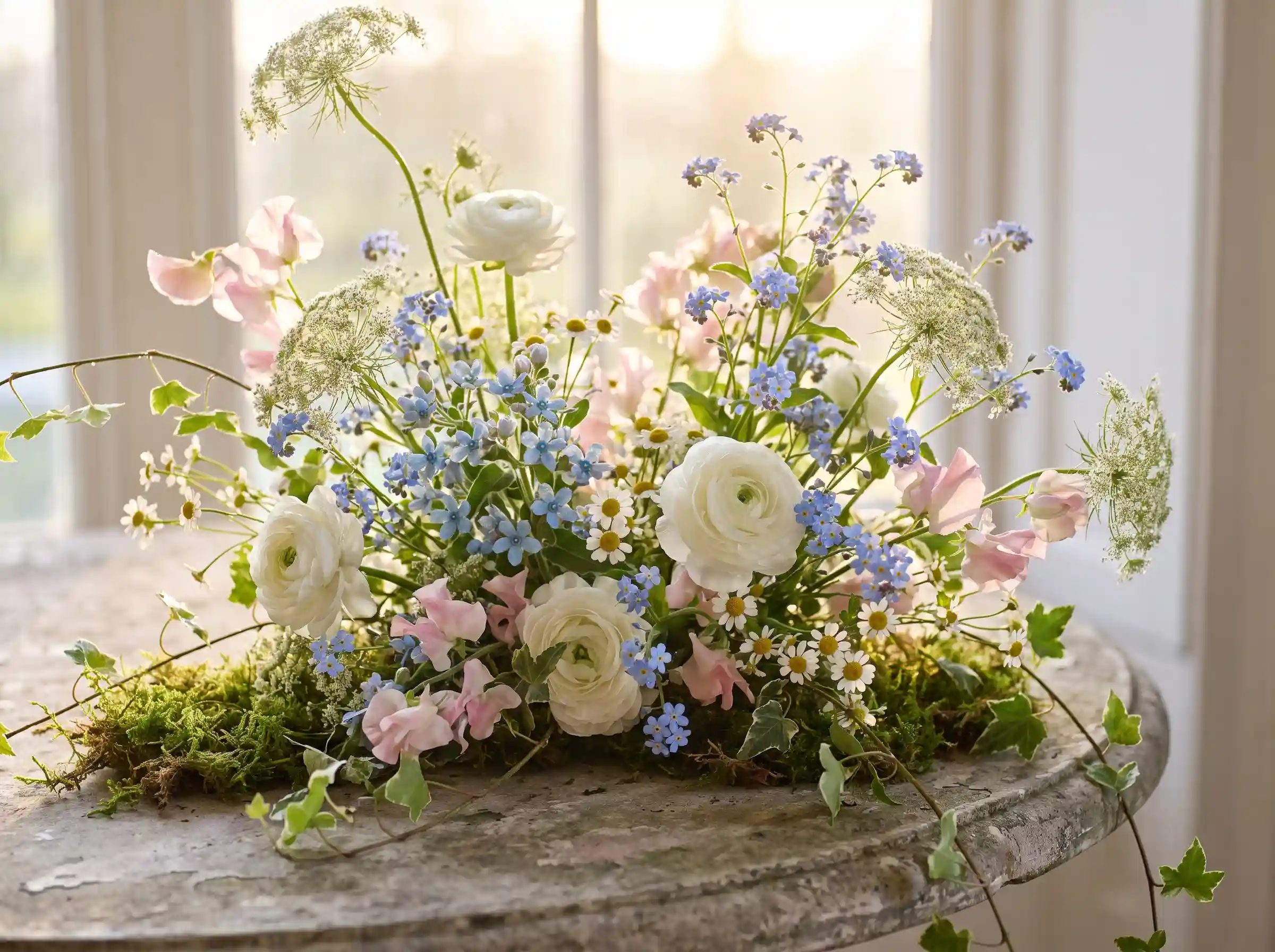 Forget-me-not romance wedding floral arrangement with blue flowers white ranunculus and sunrise morning light