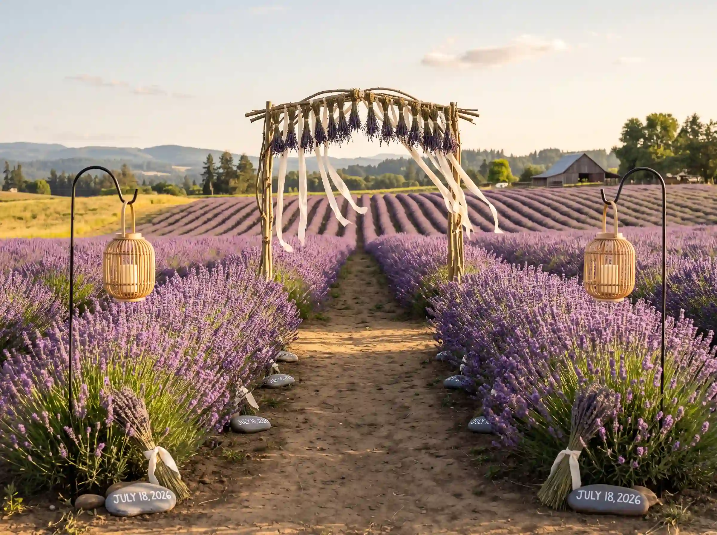 Lavender field ceremony aisle with willow branch arch cascading dried lavender bundles and rattan shepherd hook lanterns