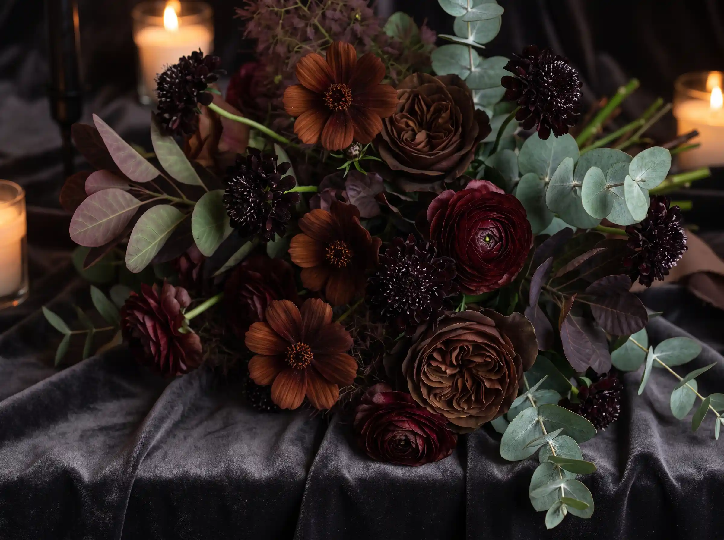 Dark and moody chocolate cosmos bouquet with burgundy ranunculus and espresso roses