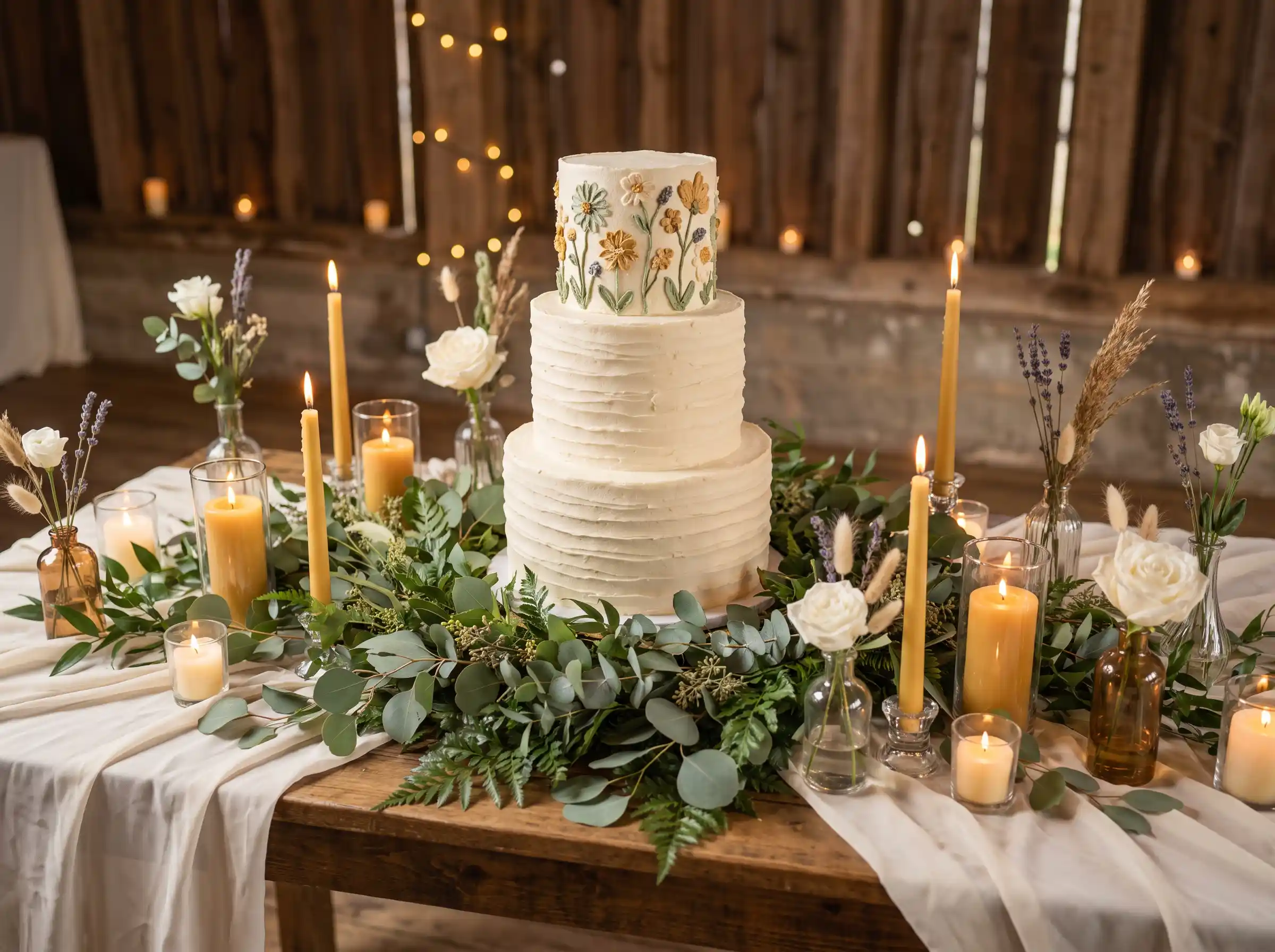 Ripple buttercream wedding cake vignette with trailing eucalyptus beeswax candles and ivory linen styling