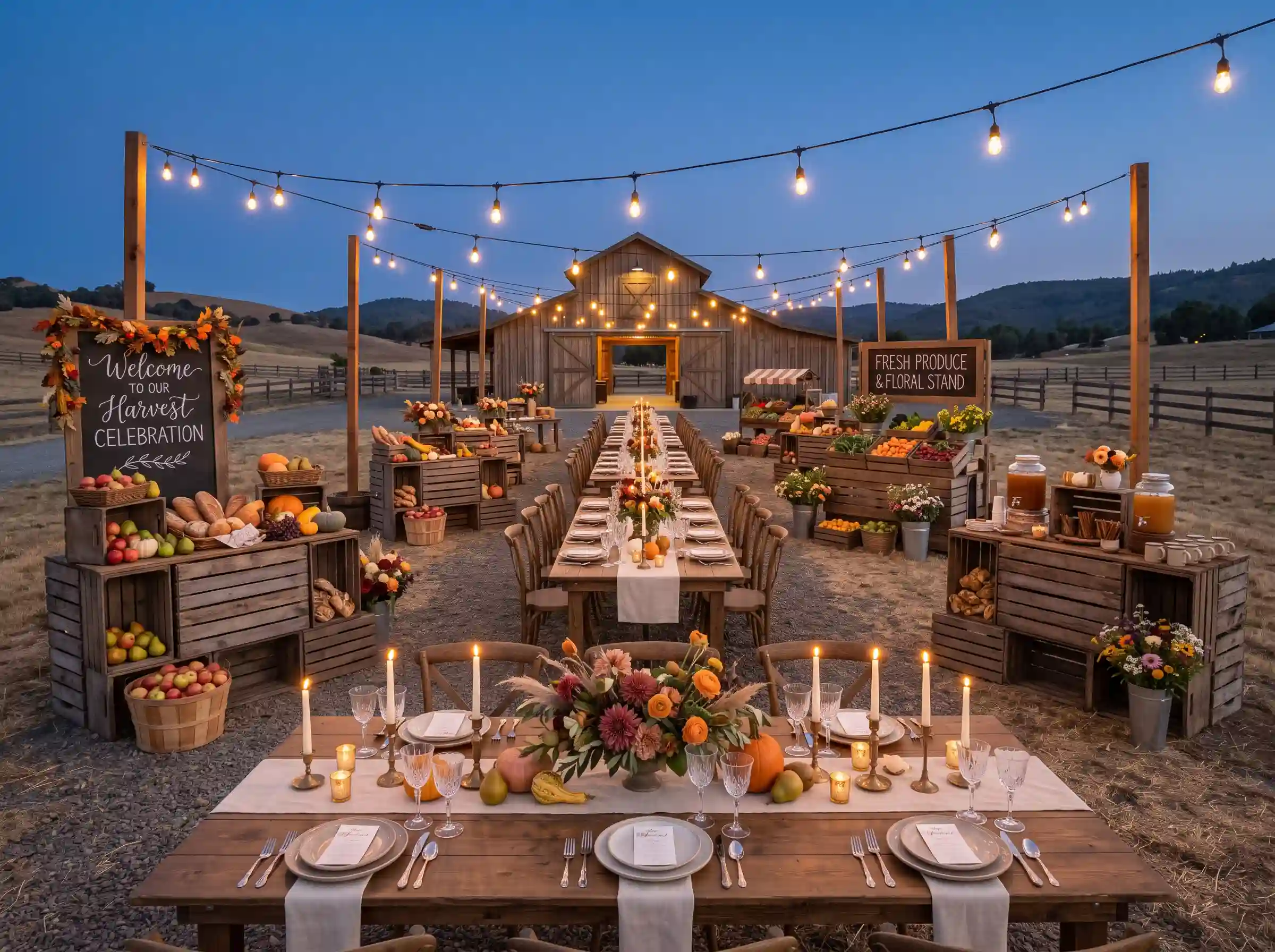 Outdoor harvest market wedding reception with farm tables produce stands string lights and barn backdrop