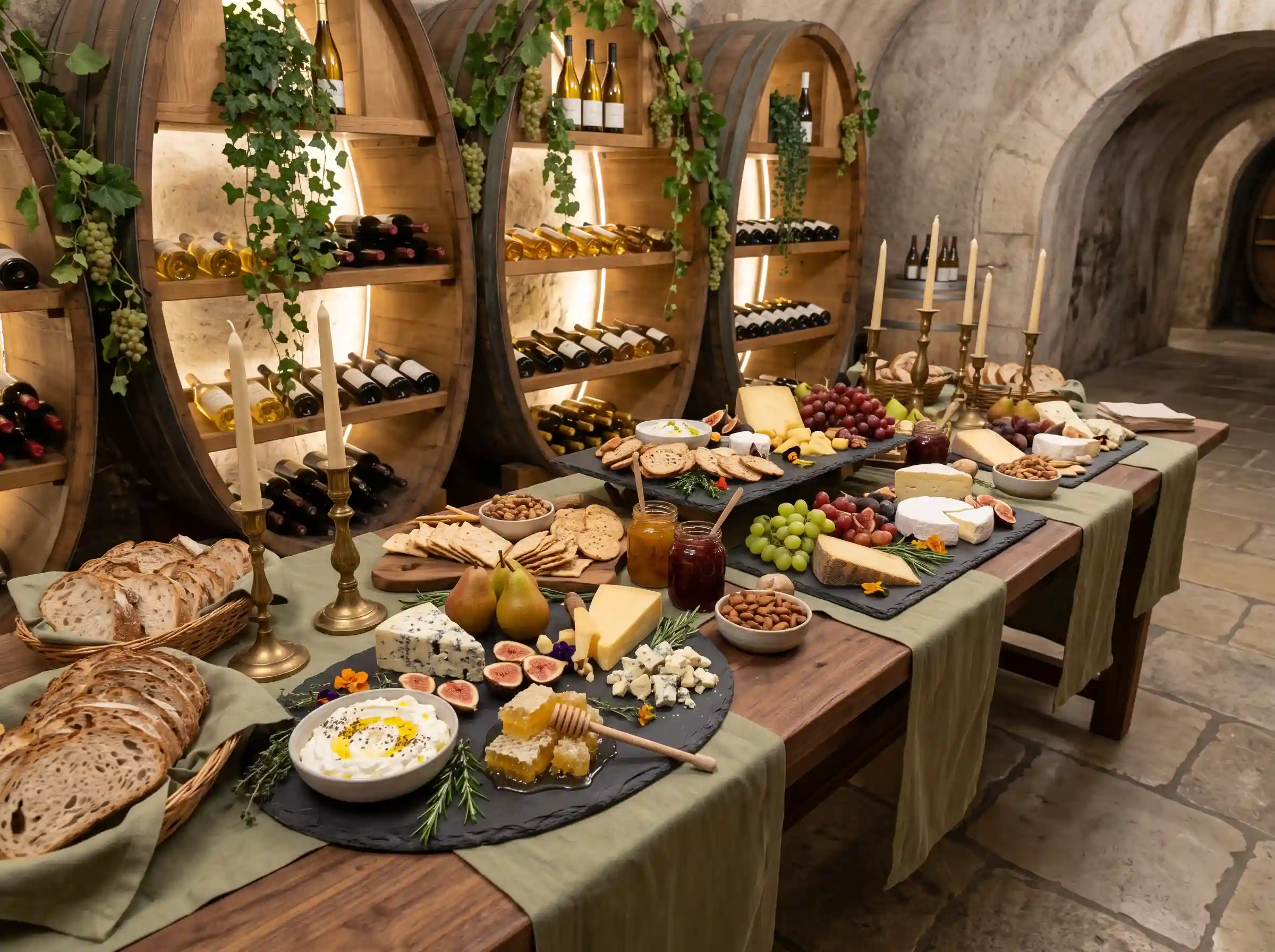 Artisan cheese and fig buffet in wine cellar with barrel shelving slate boards and honeycomb at winery wedding