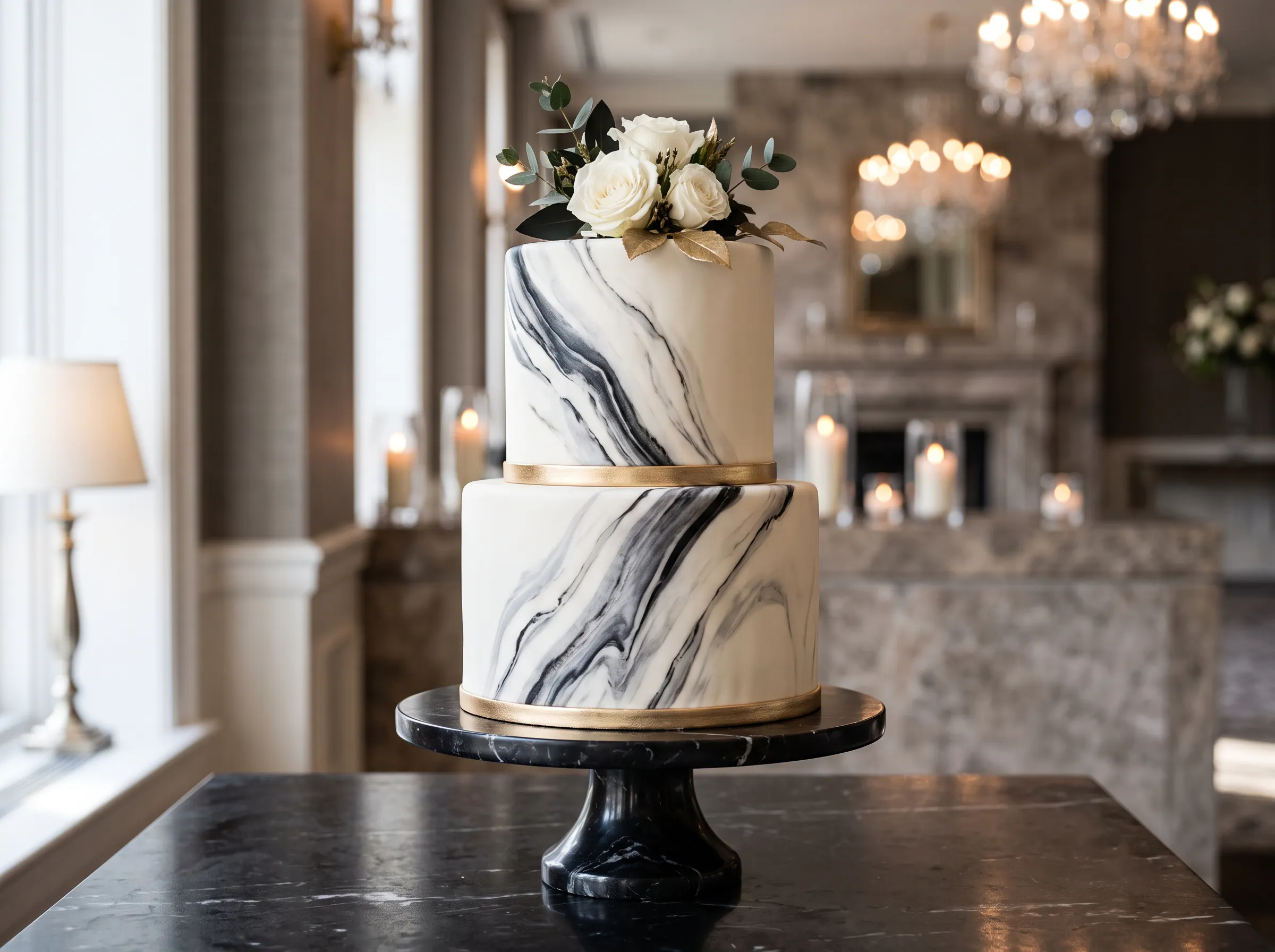 Dramatic two-tier black and white marble wedding cake with luxurious gold leaf detailing
