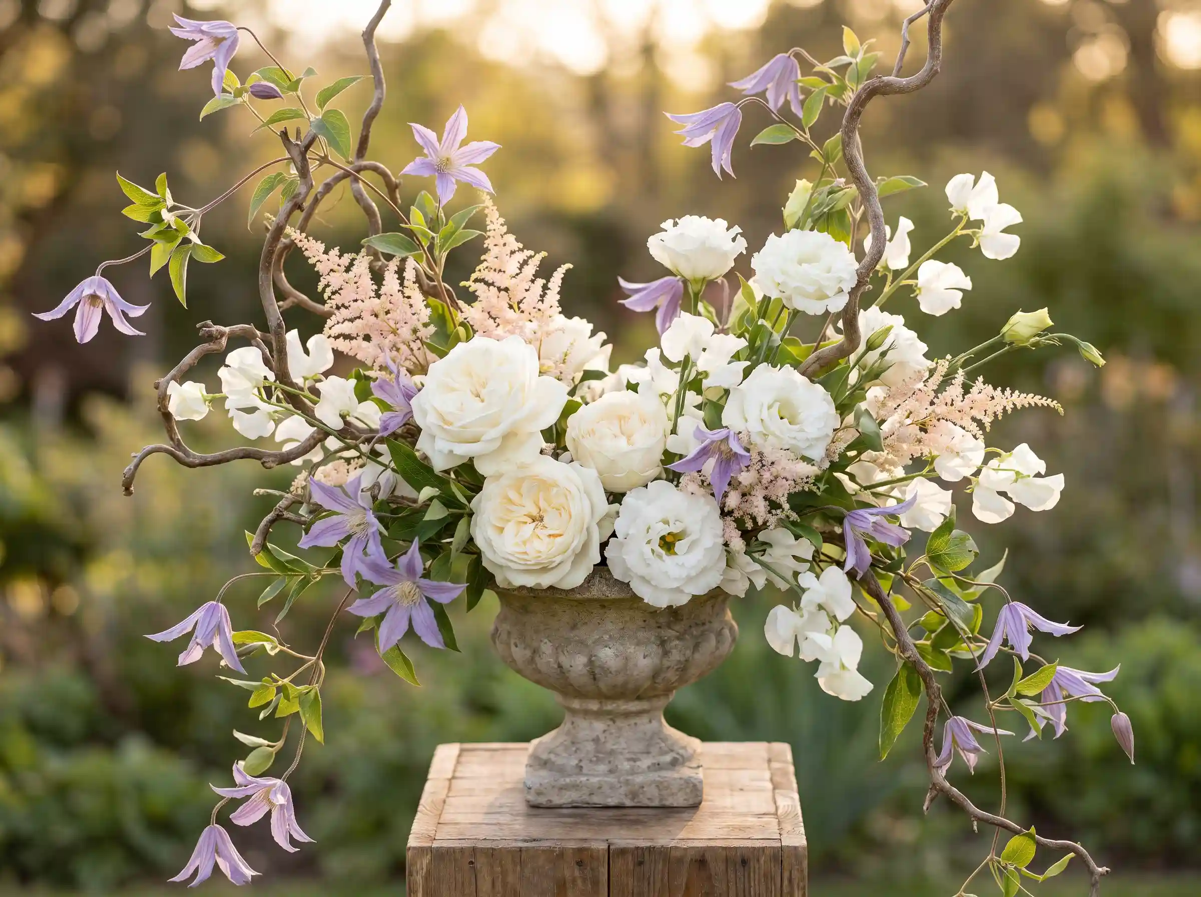 Clematis garden cascade wedding arrangement with lavender vines ivory roses in weathered stone urn