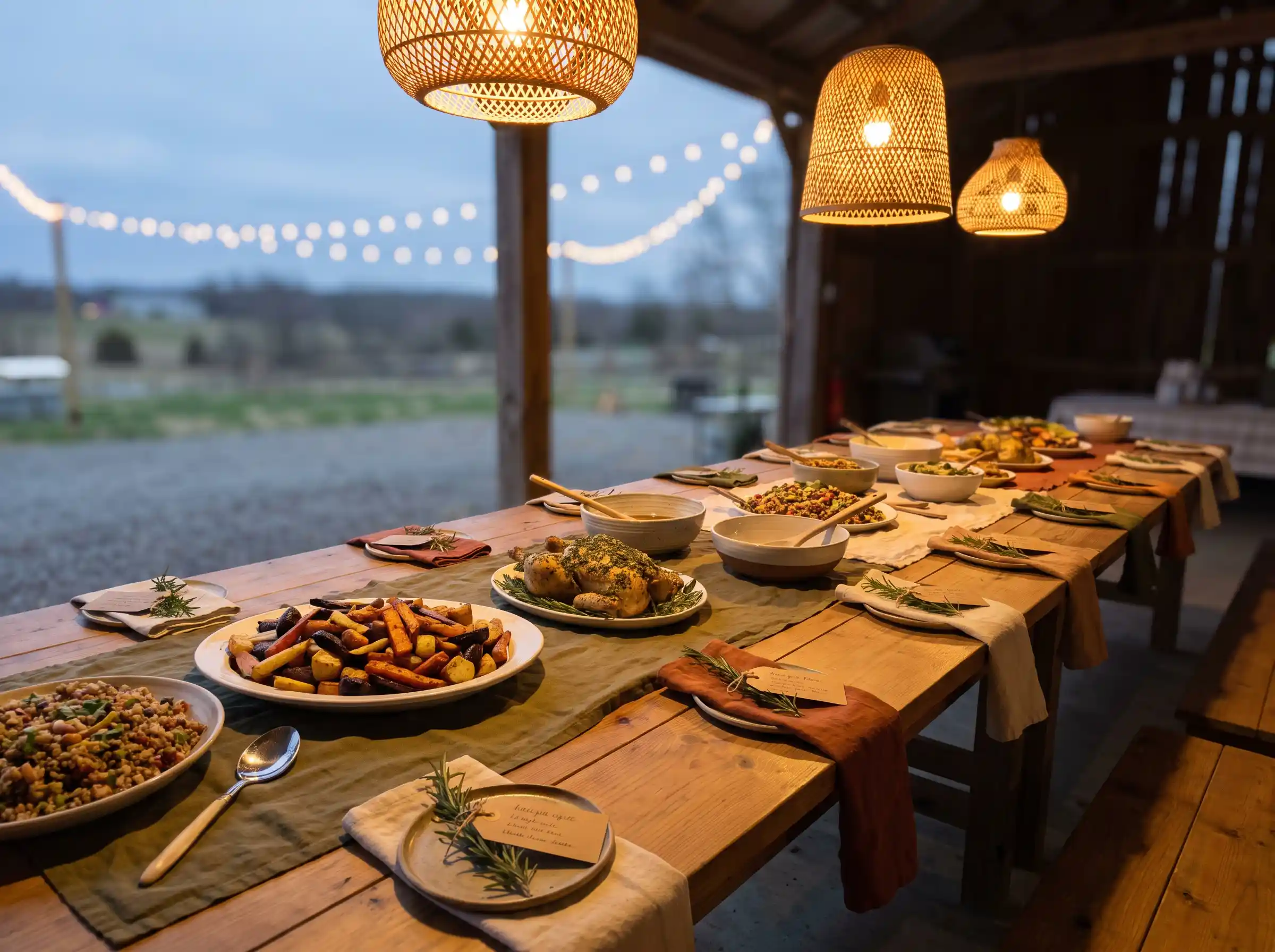 Long farmhouse table set for family style dining with shared platters of roasted vegetables herb chicken woven pendant lights