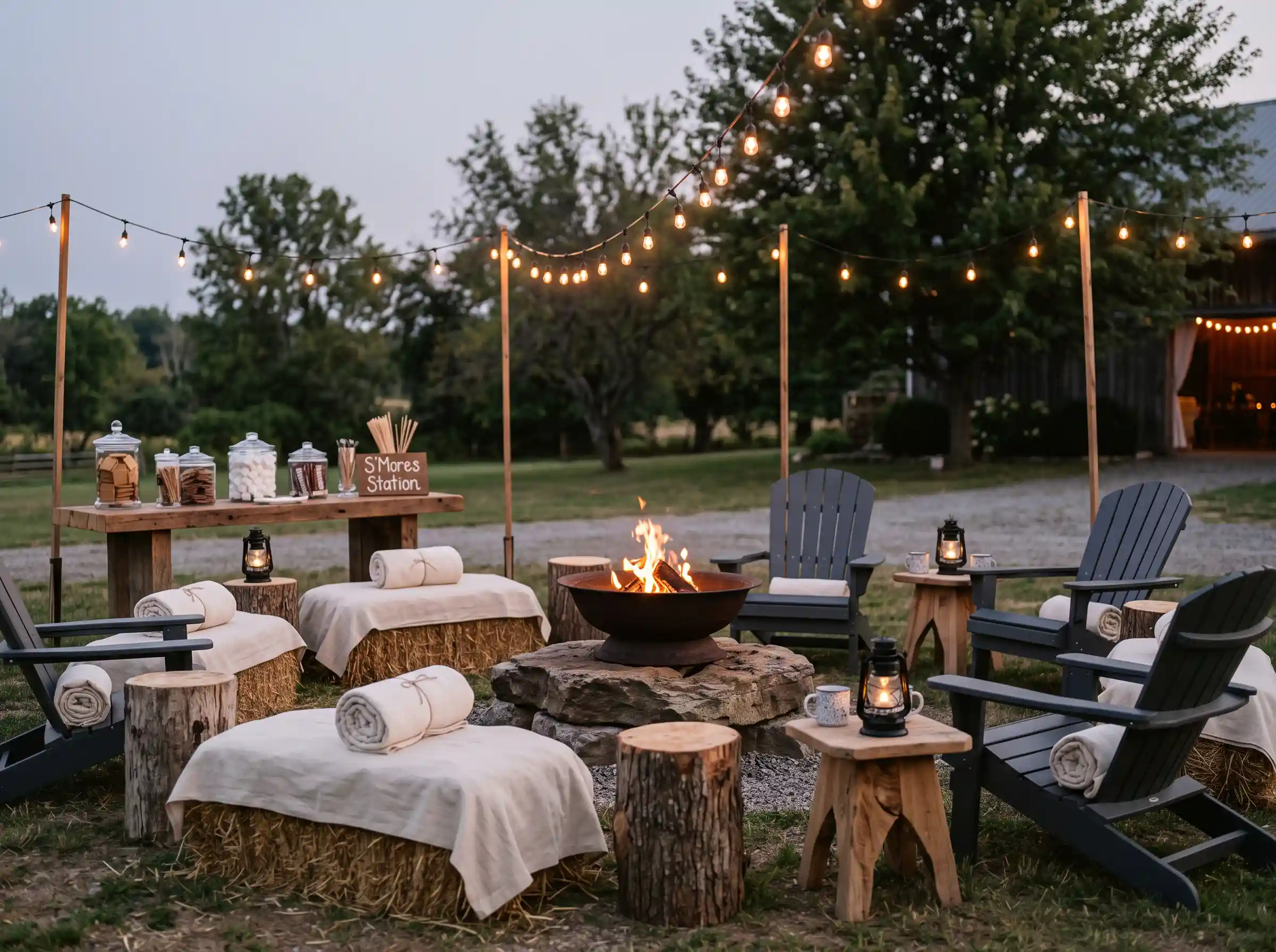 Rustic firepit circle wedding reception lounge with log stools hay bale seating Adirondack chairs and Edison lights
