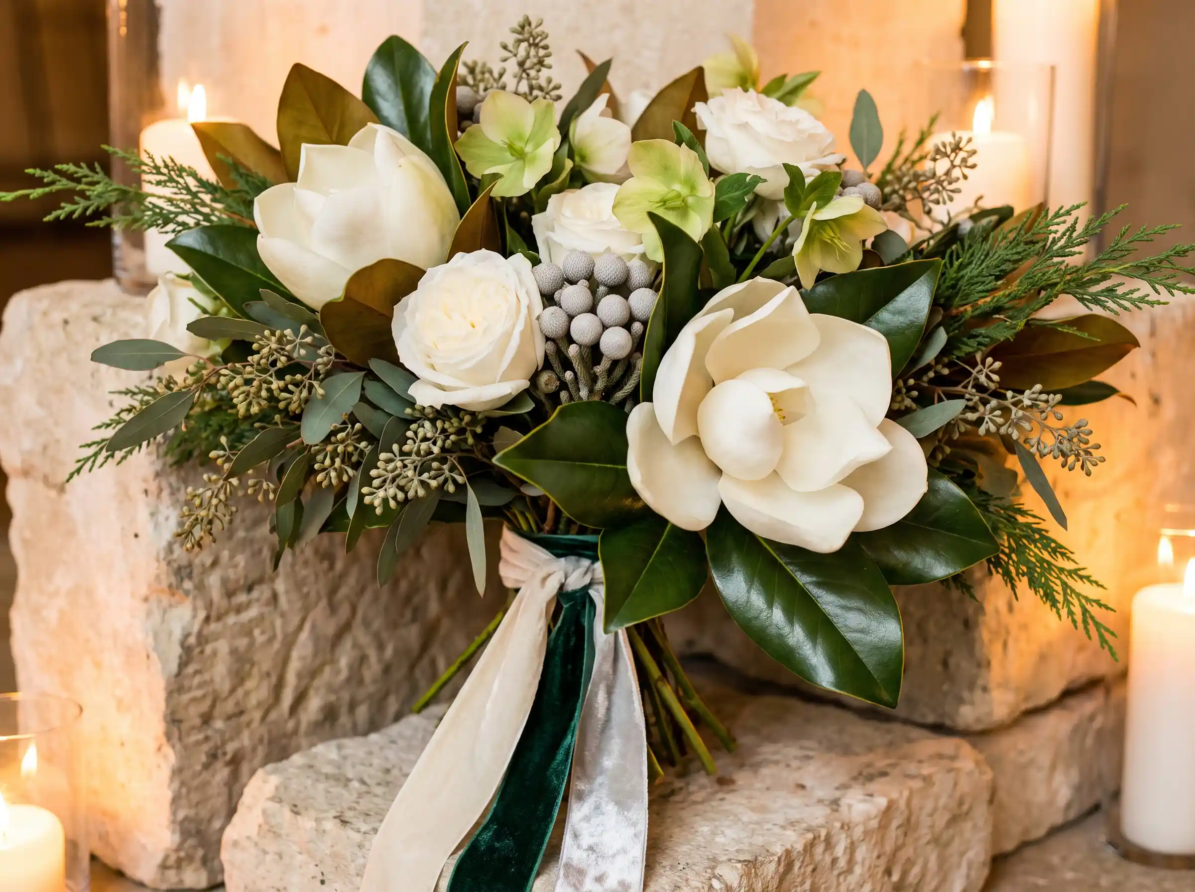 Grand ivory magnolia bridal bouquet with glossy leaves white garden roses and hellebores