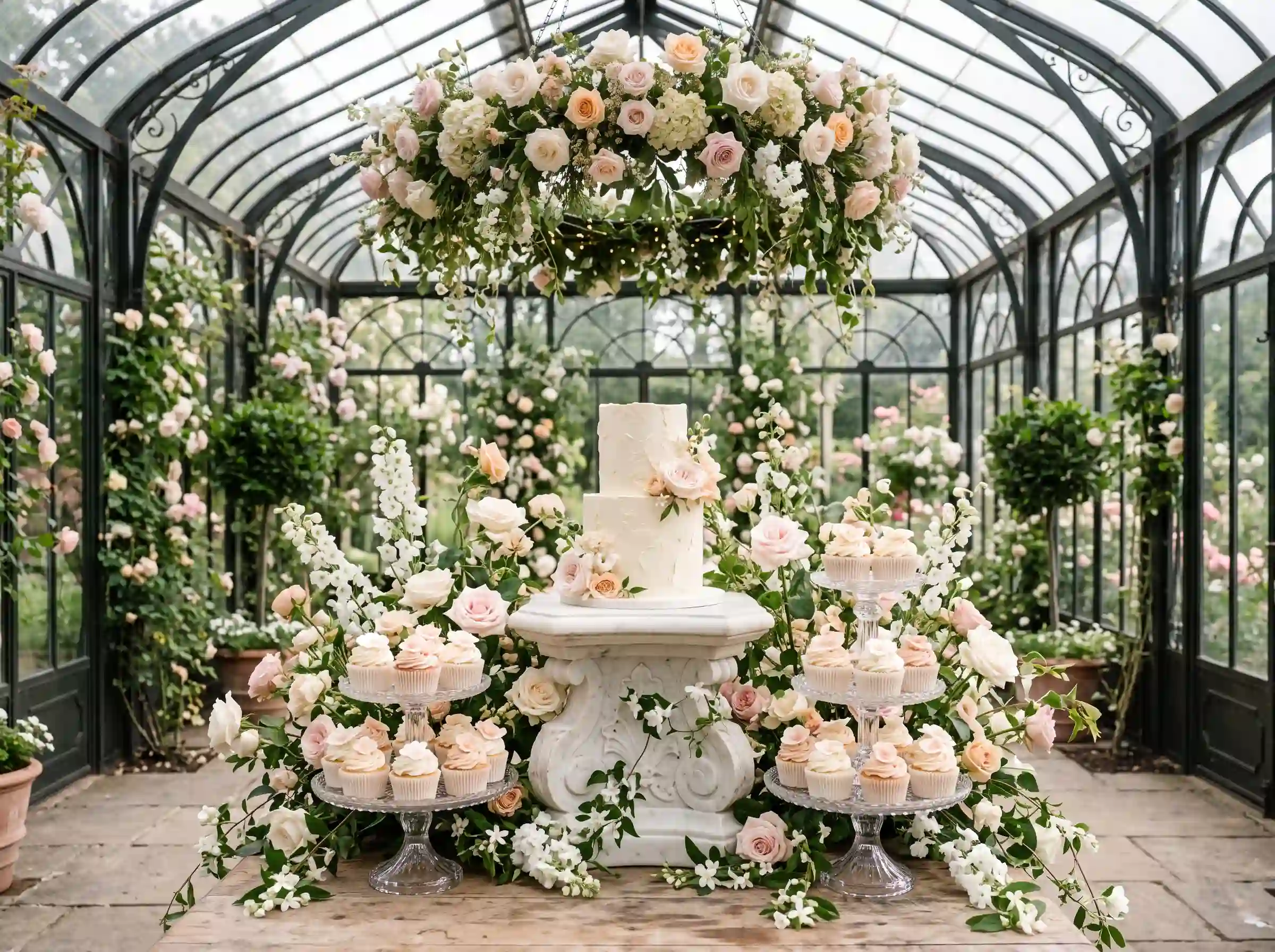 Secret garden glass pavilion dessert display with airy greenhouse charm small cake and cupcakes
