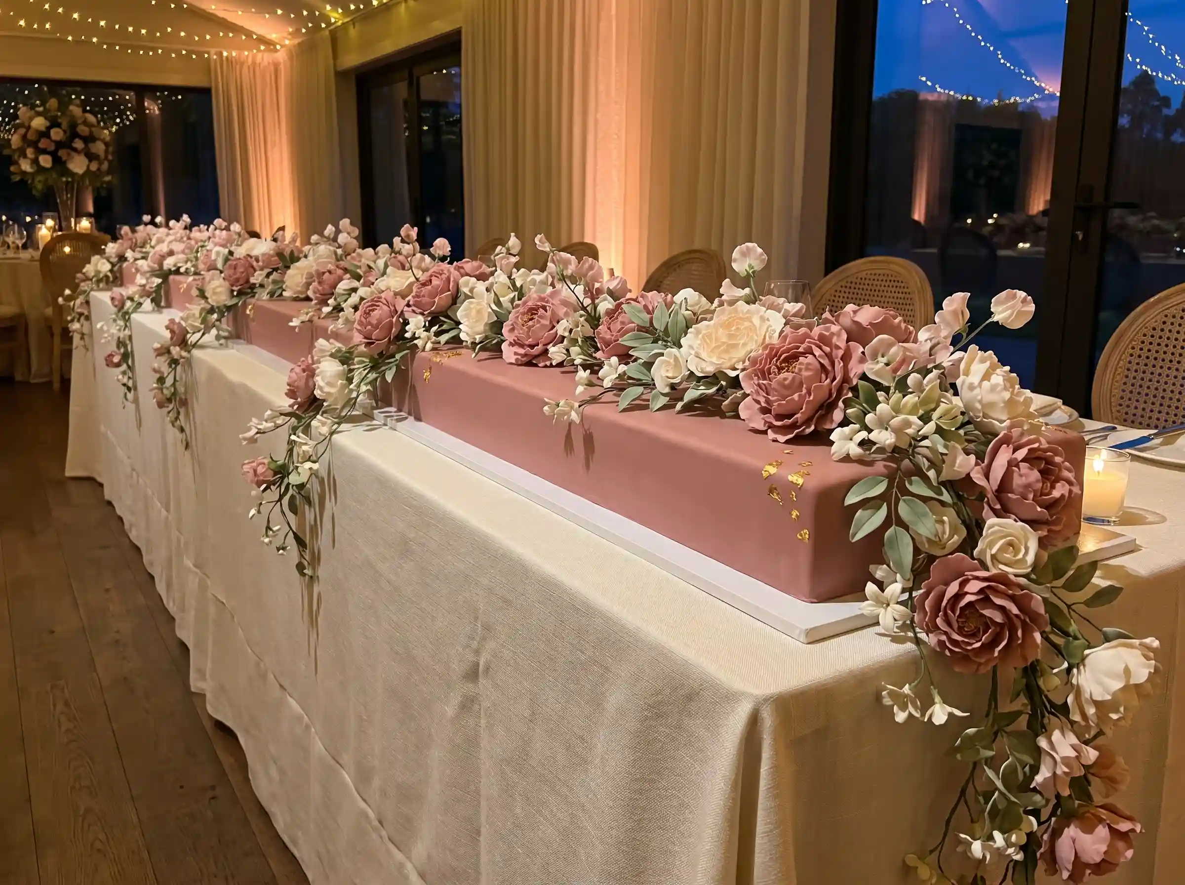 Long horizontal rectangular dusty rose wedding cake with trailing sugar peonies and edible gold leaf