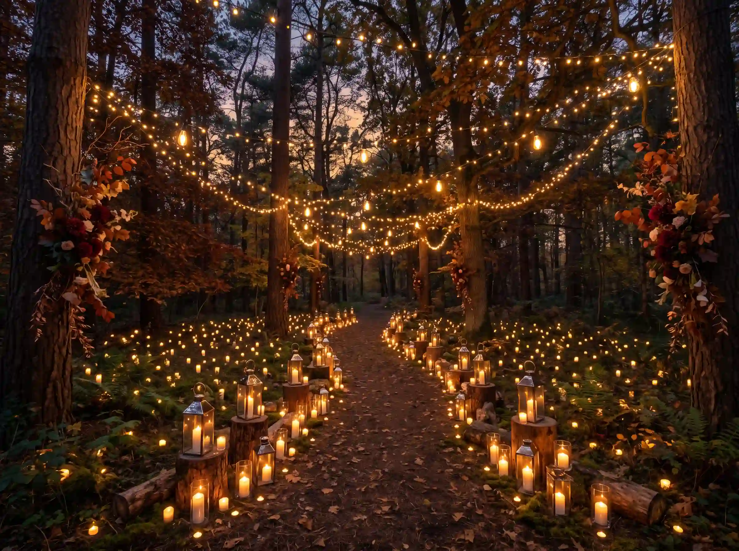 Magical twilight woodland wedding path with hundreds of candles lanterns and fairy string lights