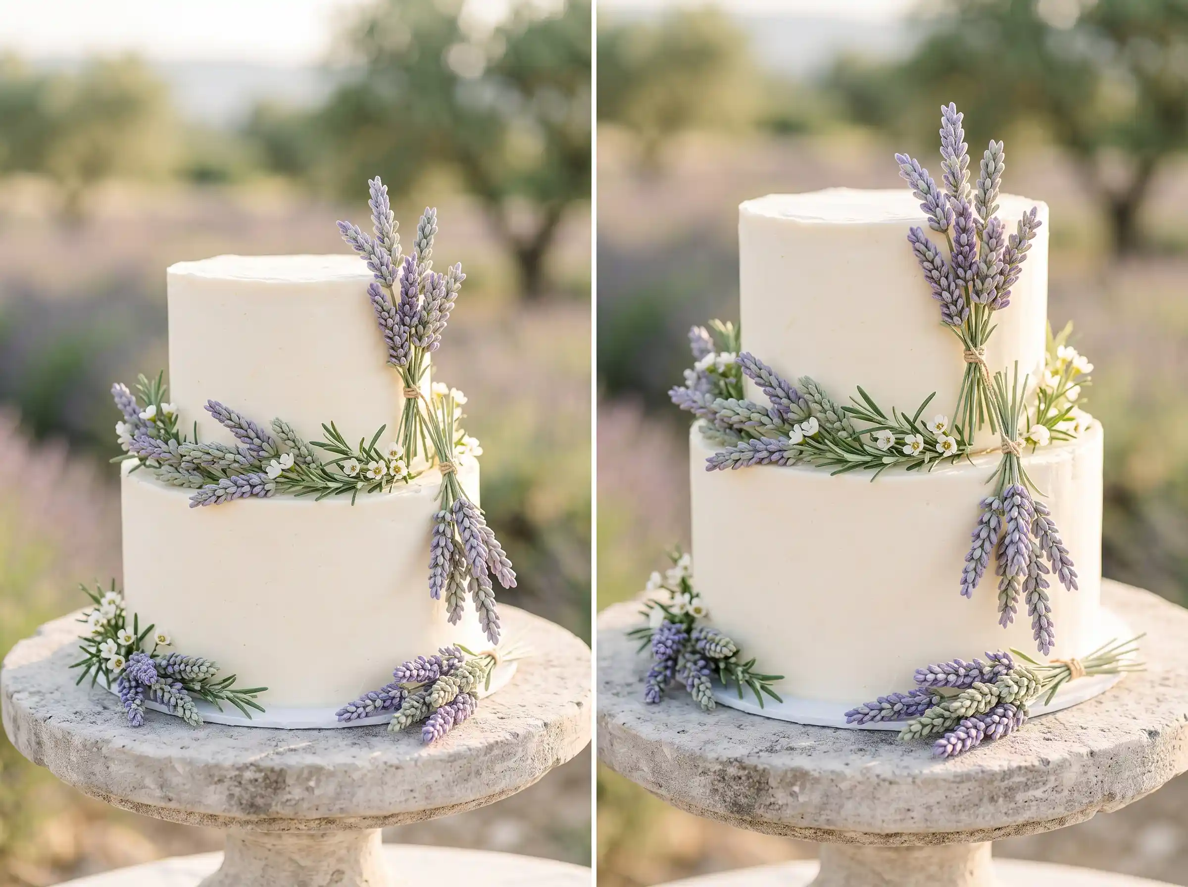 Romantic two-tier wedding cake decorated with lavender sprigs evoking French Provence countryside charm