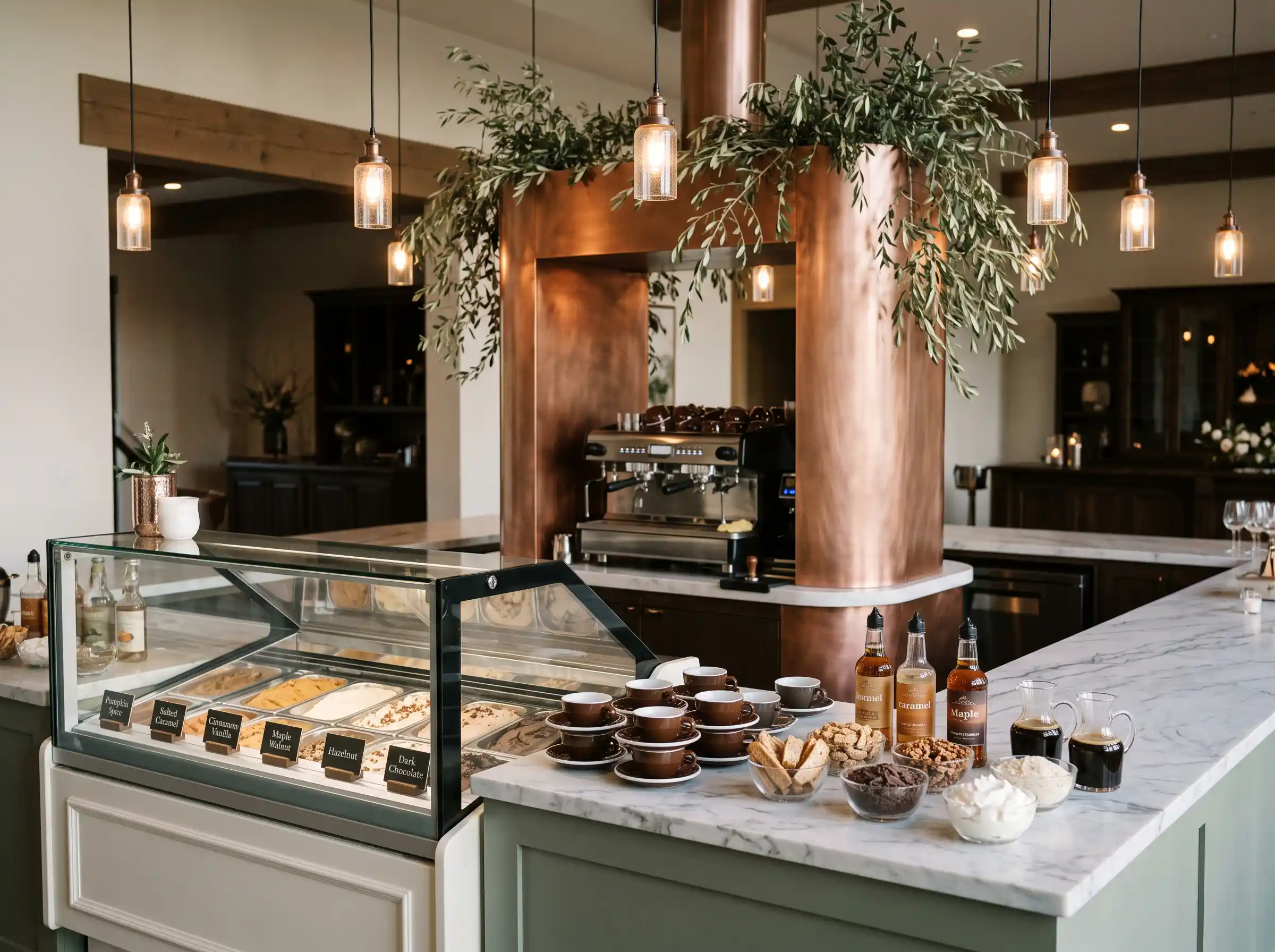 Italian gelato and affogato café station with copper espresso bar and olive branches at modern estate wedding