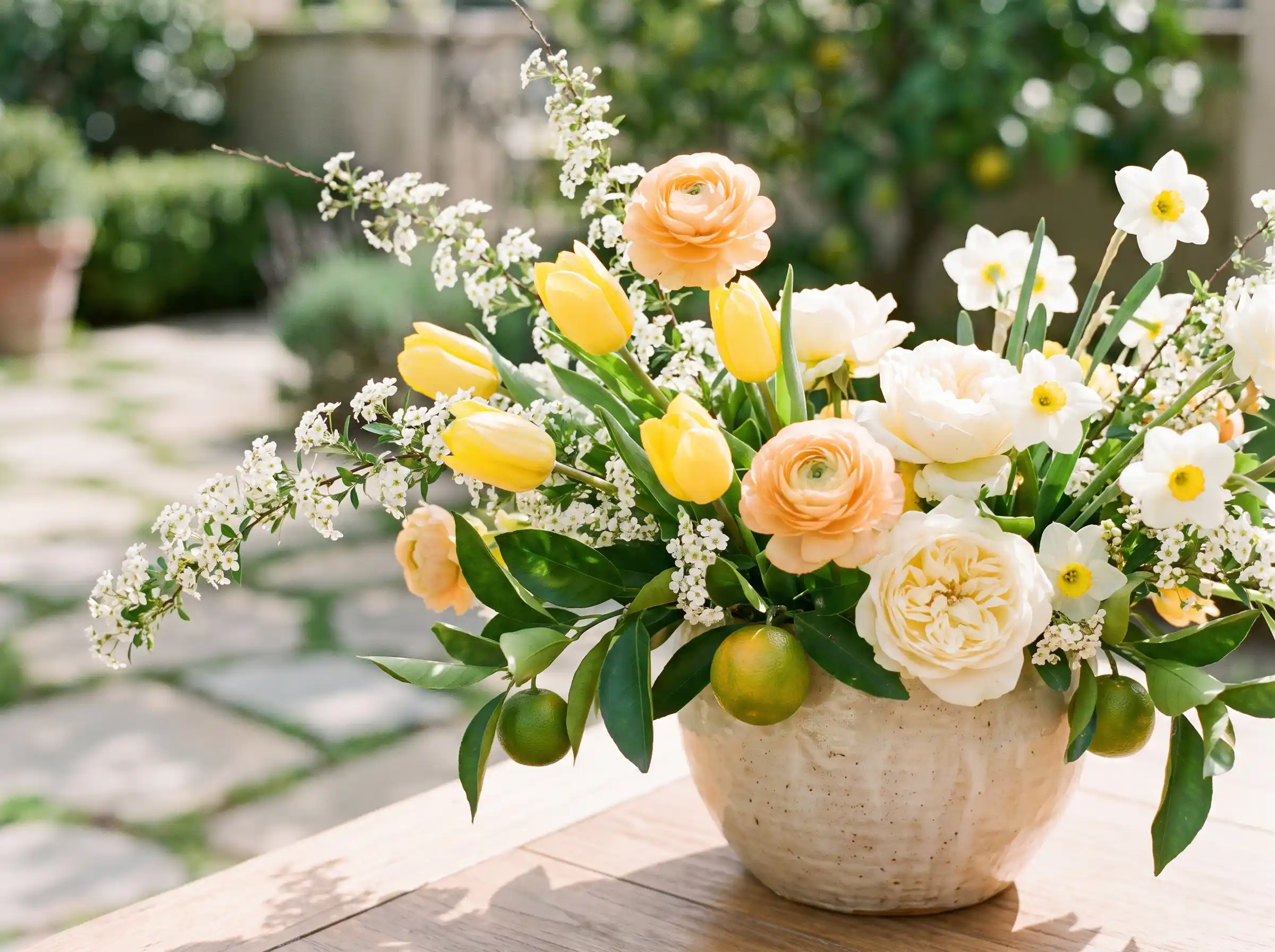 Spring citrus bloom wedding palette with yellow tulips apricot ranunculus cream roses and citrus foliage
