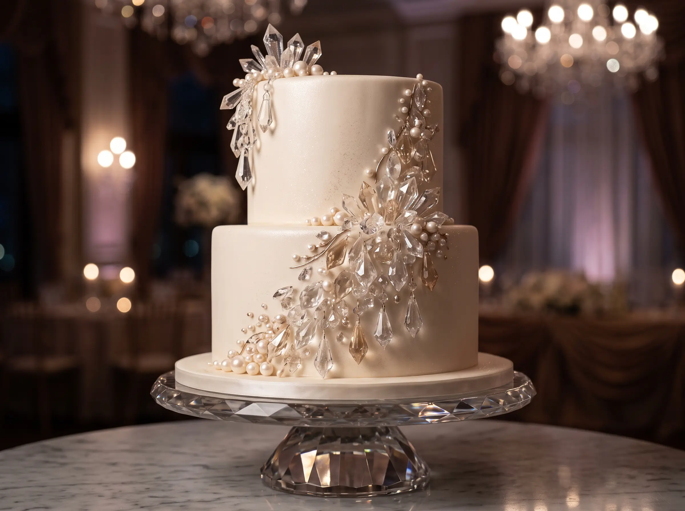 Glamorous two-tier wedding cake adorned with sparkling sugar crystals and elegant isomalt details