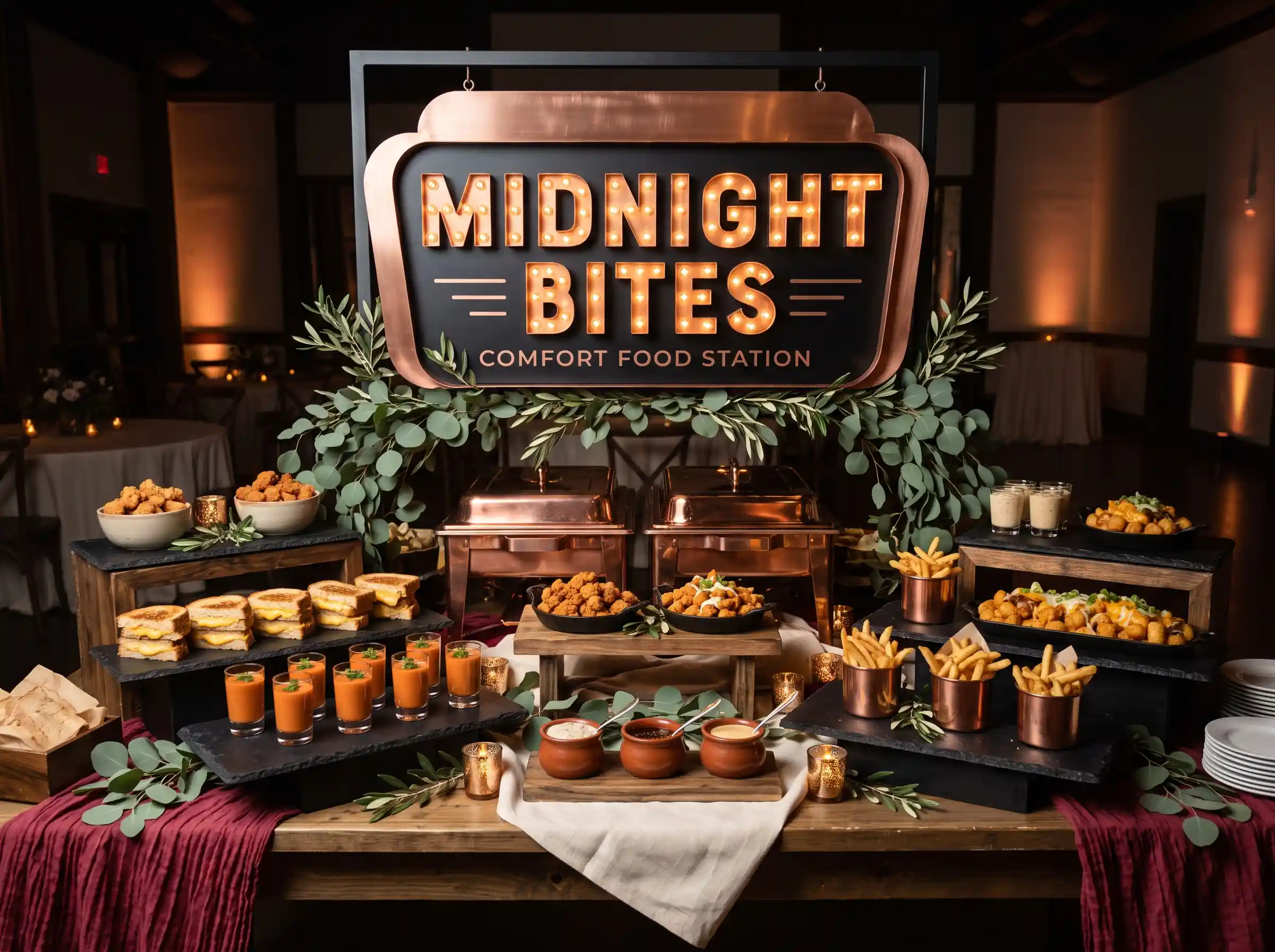 Late-night midnight comfort food station with illuminated marquee sign grilled cheese and tater tots at wedding