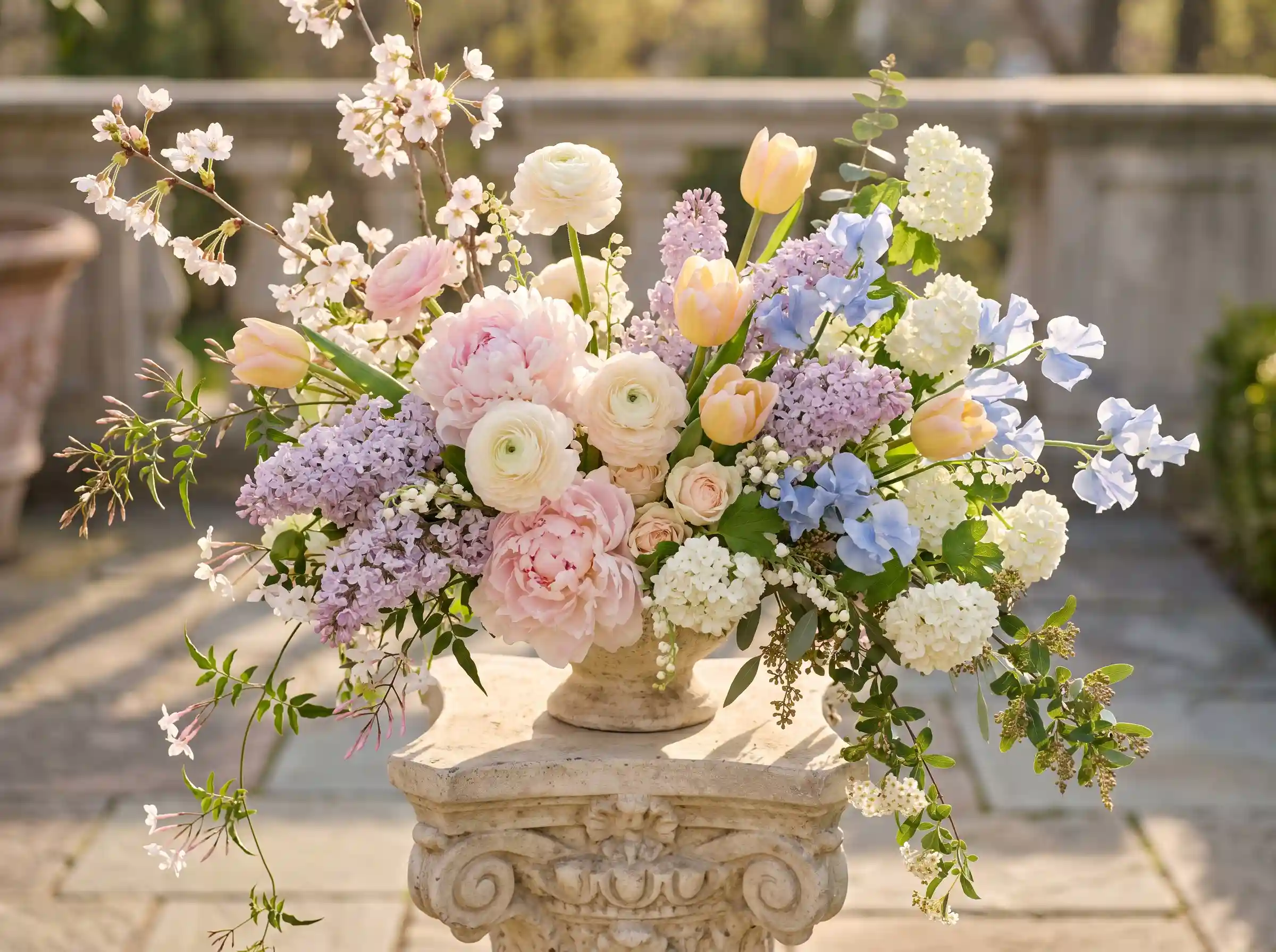 Grand spring garden wedding collection with peonies ranunculus tulips lilacs cherry blossoms on limestone pedestal