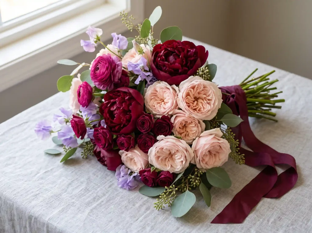 Burgundy Blush Harmony Inspiration A timeless f Bouquet with burgundy peonies fu…