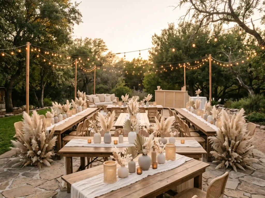 Neutral Pampas Retreat Inspiration Modern bohem Pampas grass reception outdoor e…