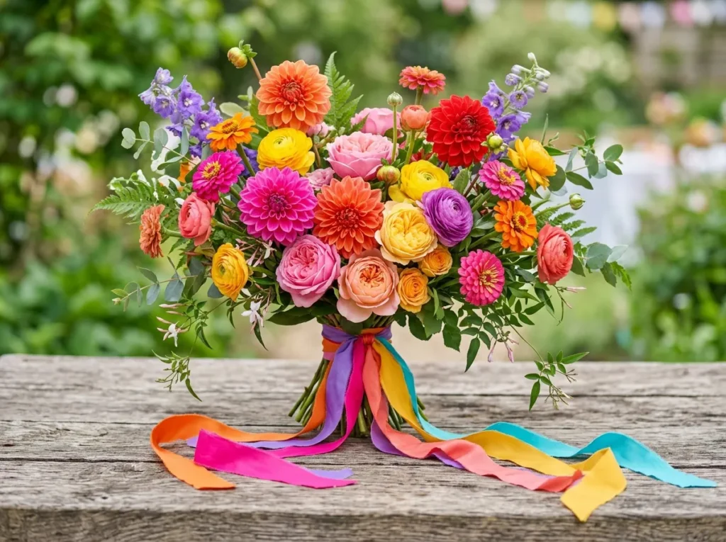 Carnival of Flowers Inspiration Playful celebra Bouquet with dahlias roses ranun…