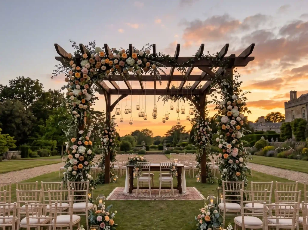 Sunset Arbor Elegance Inspiration Warm evening Sunset wedding pergola floral la…