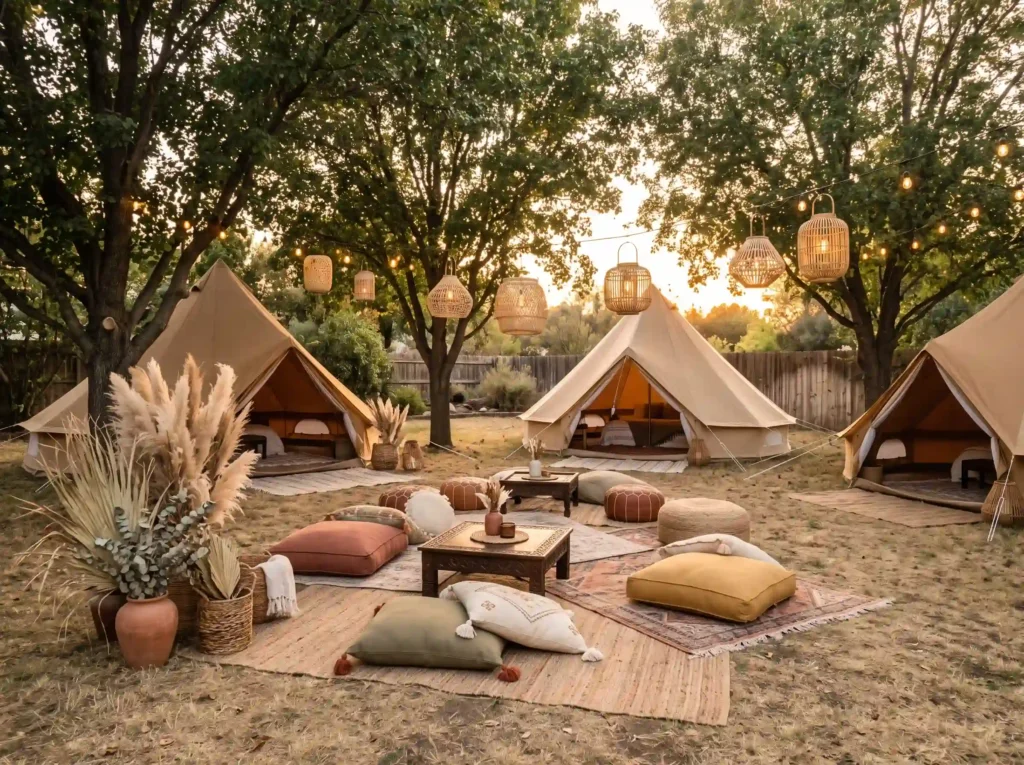 Nomadic Bell Tent Retreat Inspiration Boutique Luxury bell tents backyard lounge