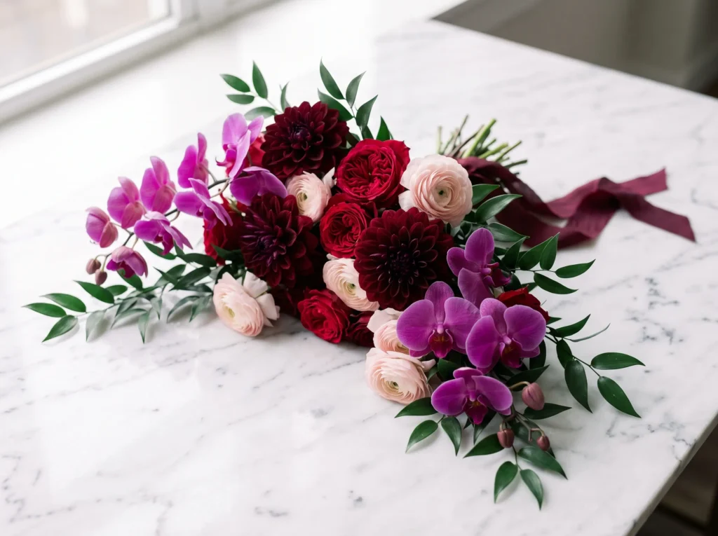Ruby Orchid Luxe Inspiration Inspired by coutur Crescent bouquet sculptural flor… K