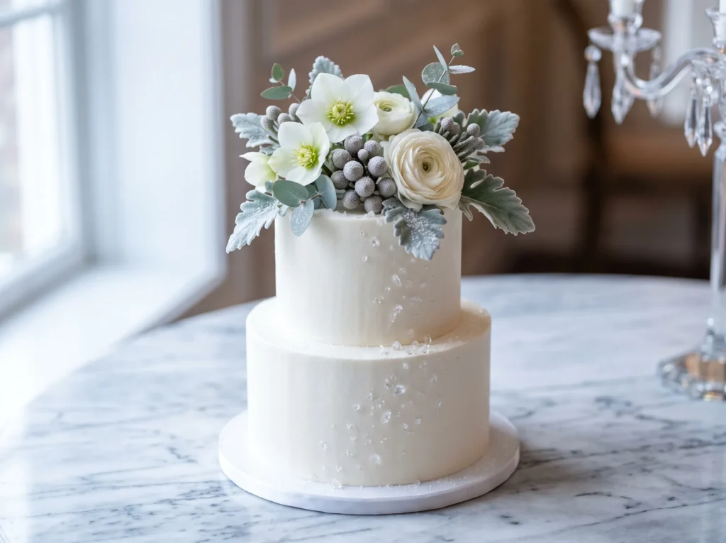 Winter Frost Elegance Inspiration Fresh snowfal Wedding cake with winter elements