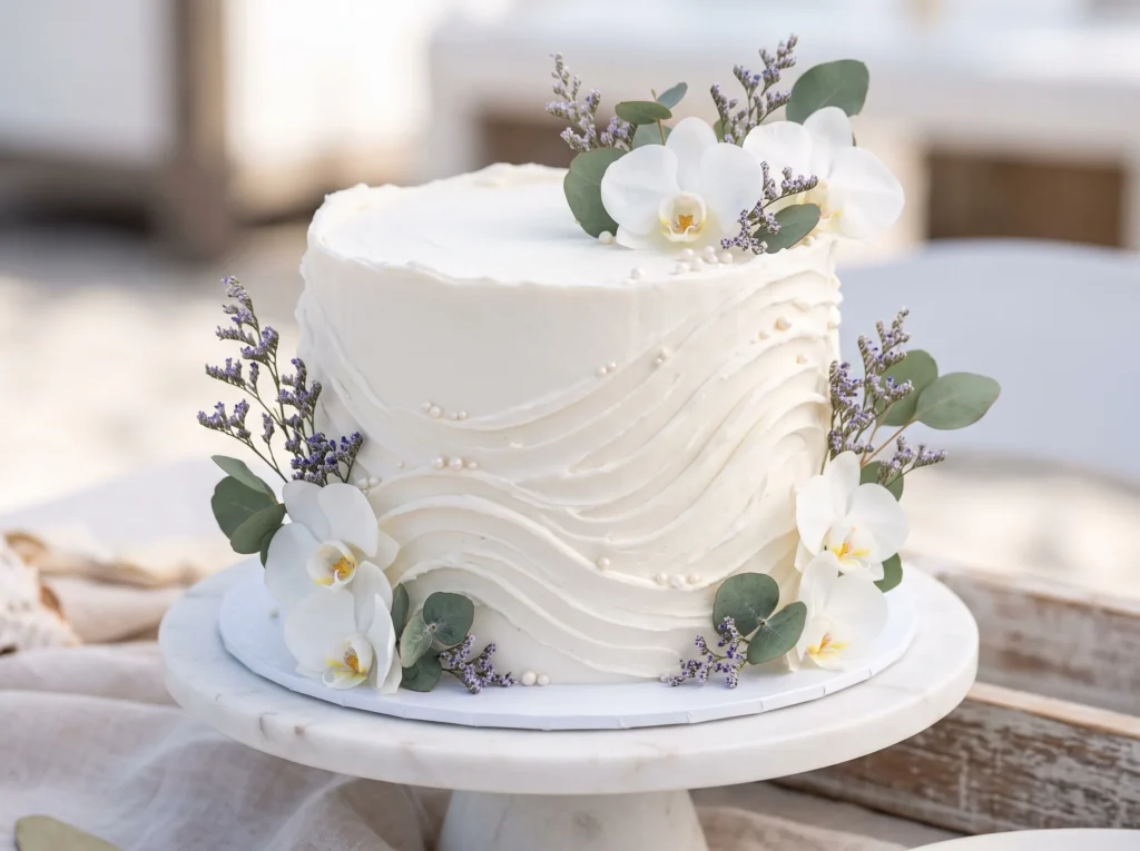 Coastal Pearl Cake Inspiration Gentle seaside e Coastal Pearl Cake with orchids