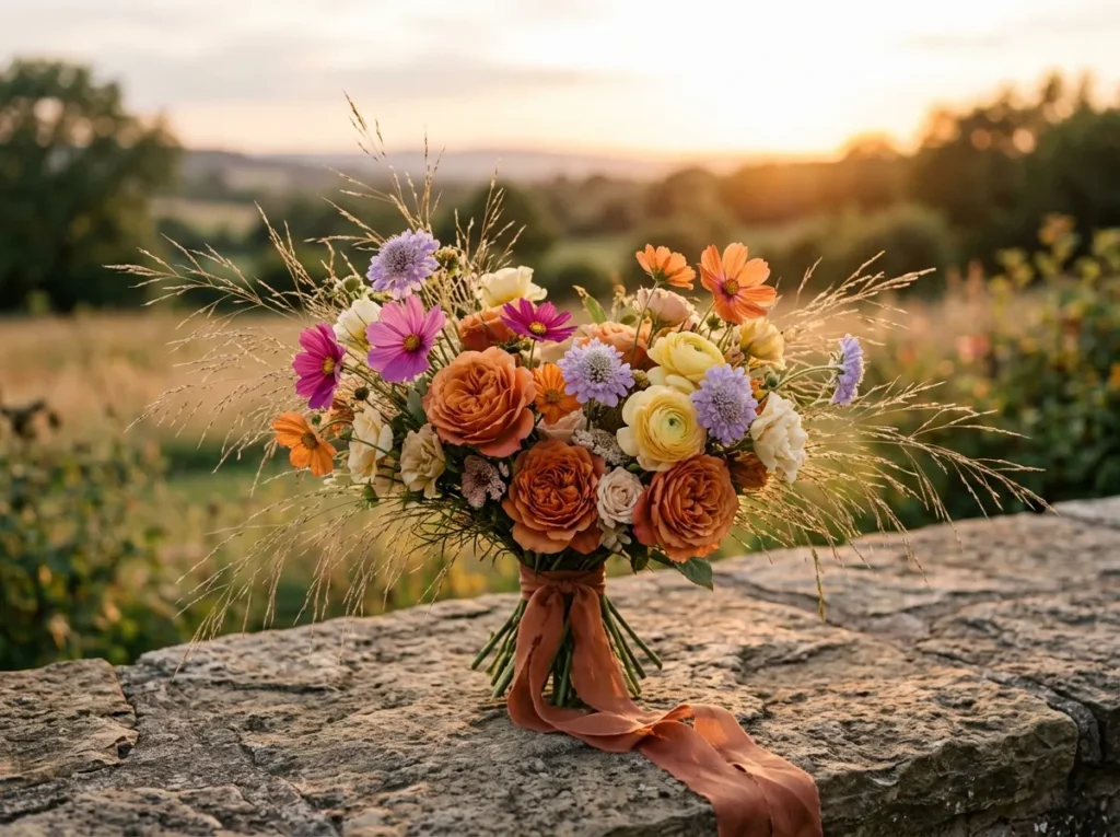 Sunset Wildflower Luxe Inspiration Untamed mead Wildflower bouquet on stone