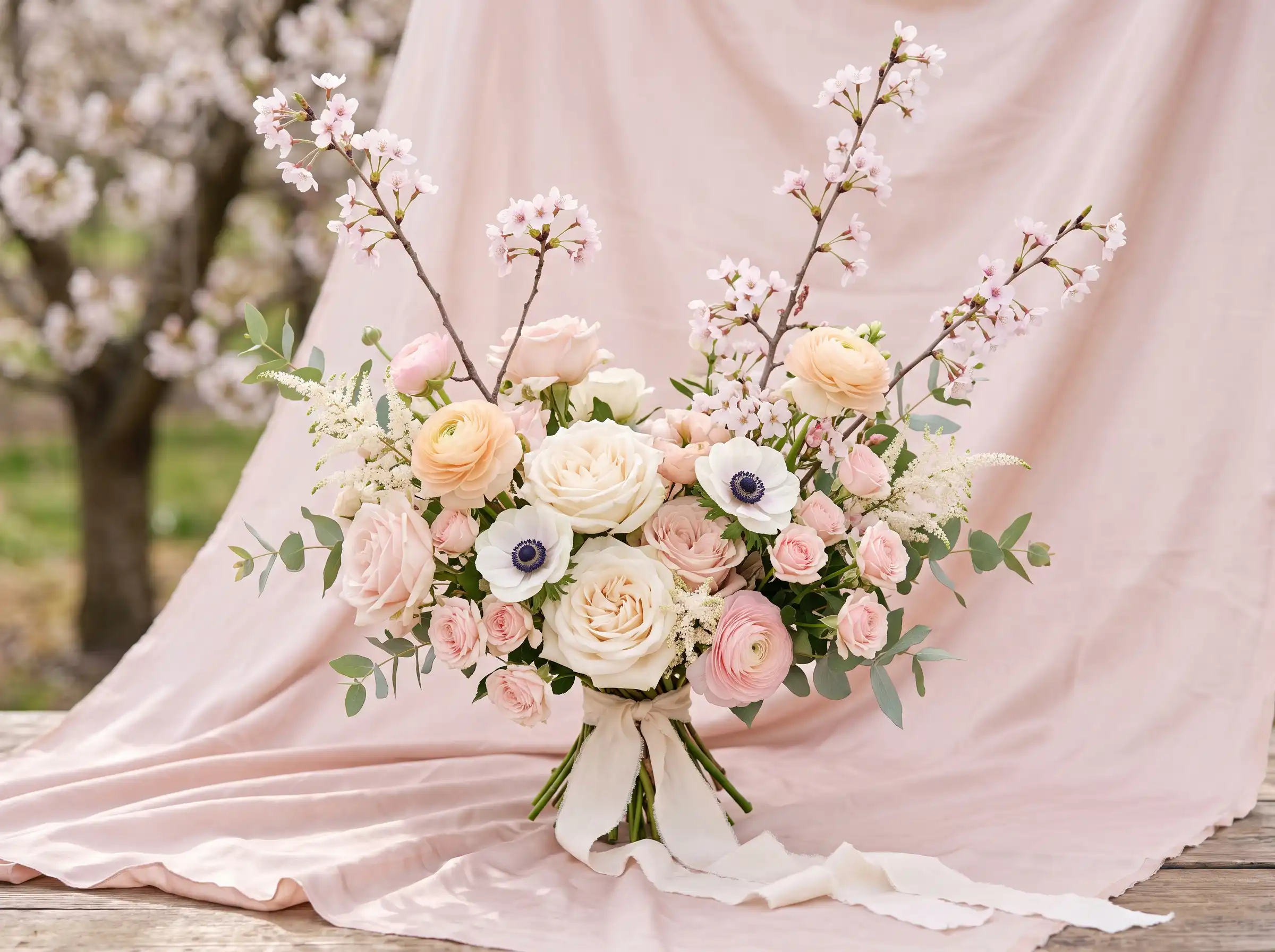 Soft pink orchard-inspired bridal bouquet with blushing boho wedding flowers and petals