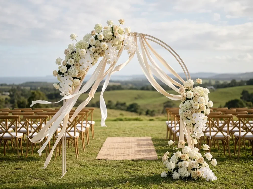 Floral ribbon arch wedding ceremony