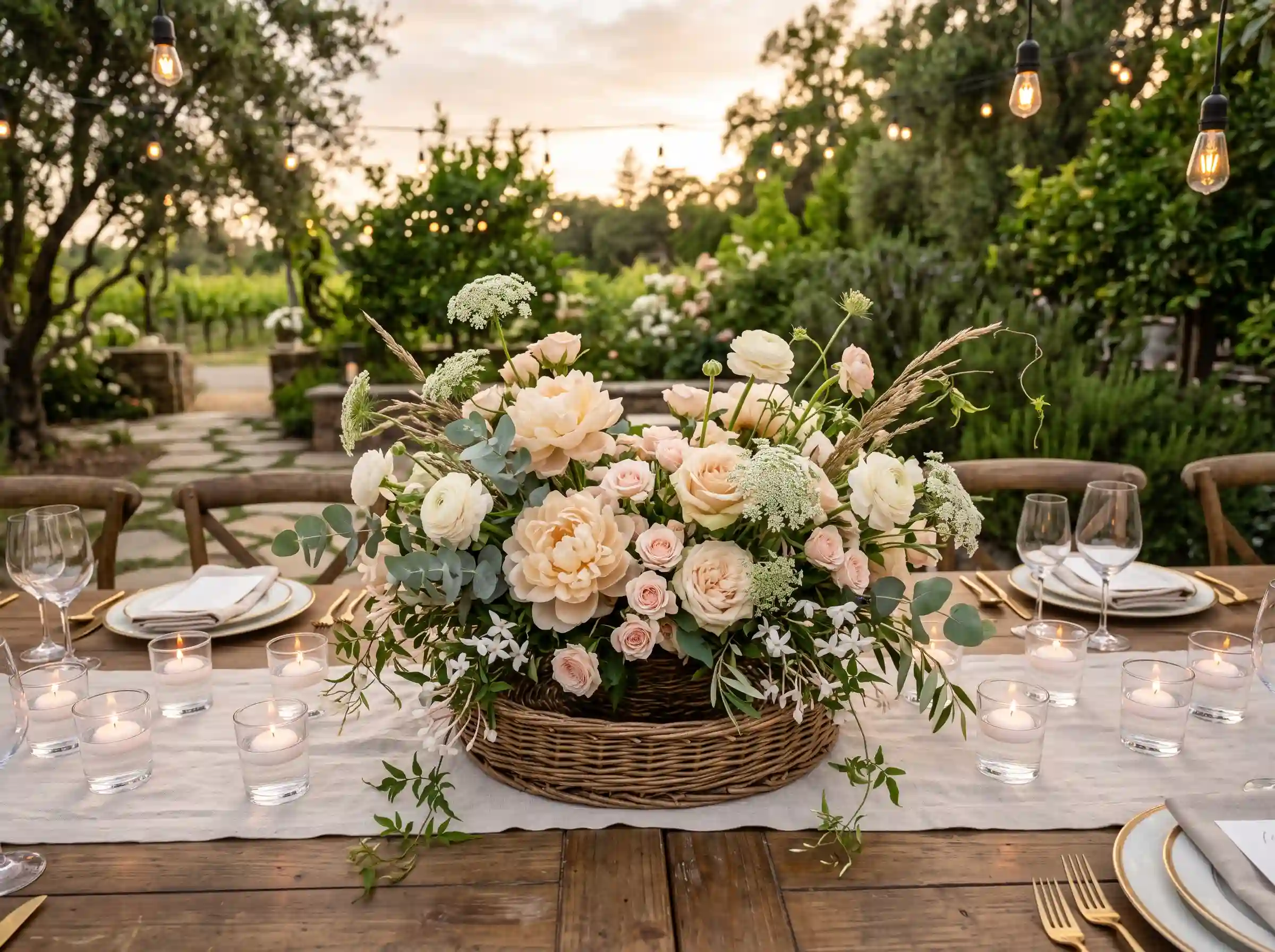 Champagne-toned garden roses nestled in a low arrangement with soft romantic lighting