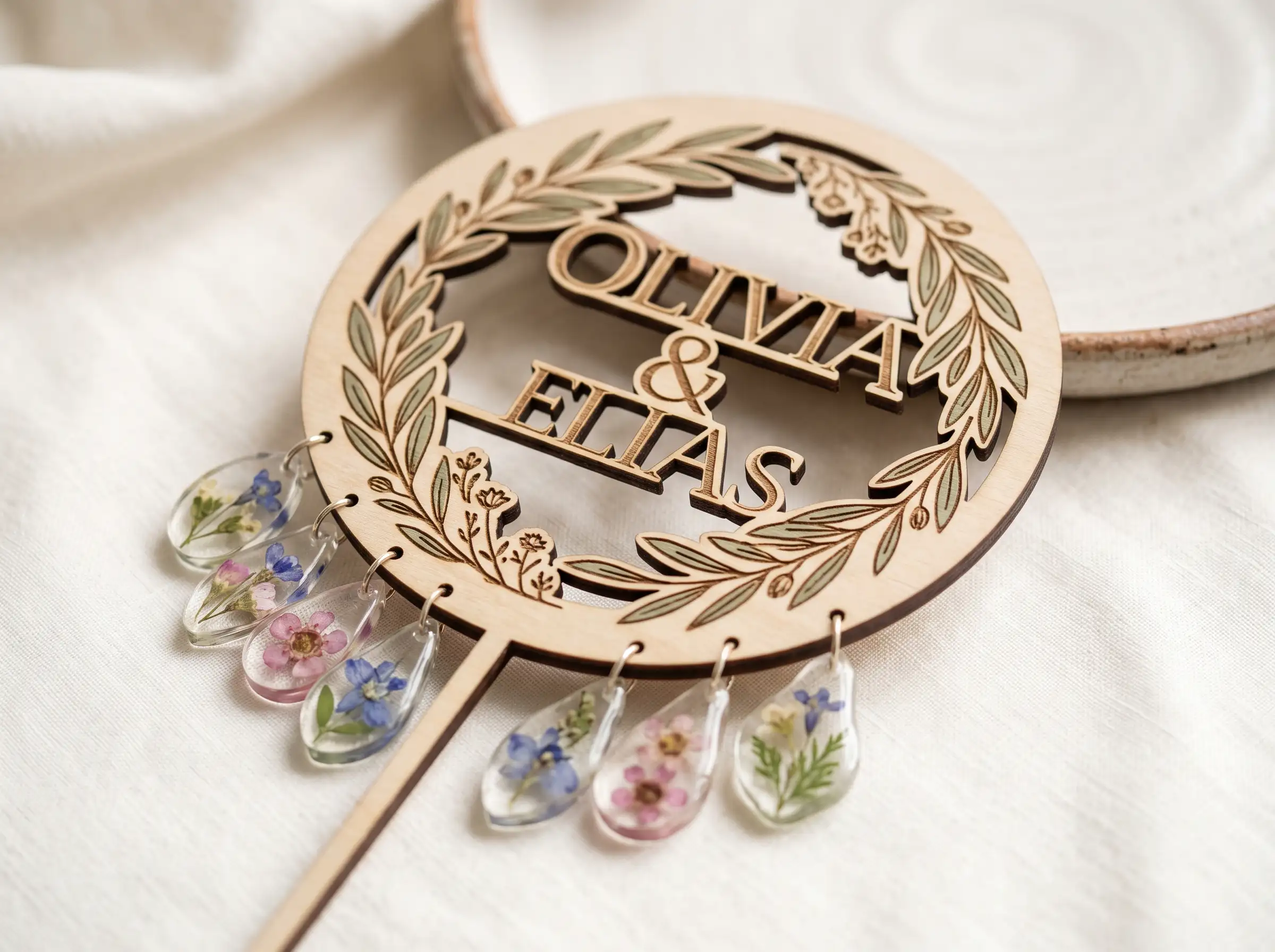 Engraved botanical hoop DIY wedding cake topper with delicate leaf and vine details