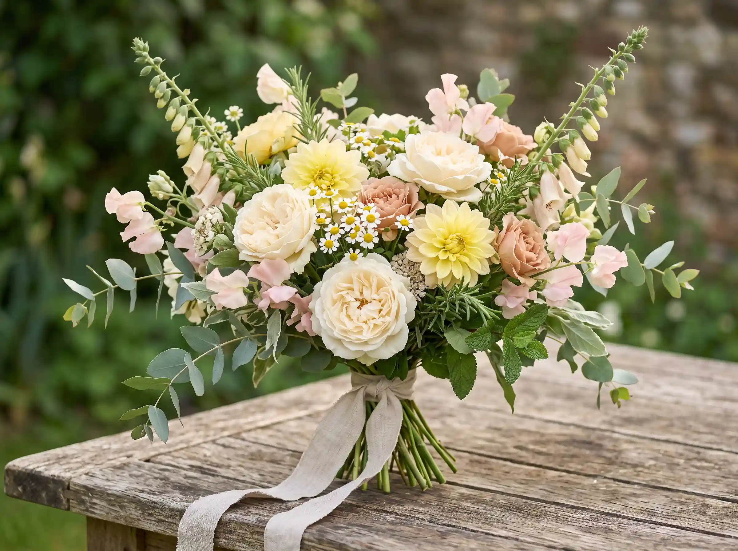 Vintage heirloom cottage bouquet with nostalgic garden roses for boho wedding florals