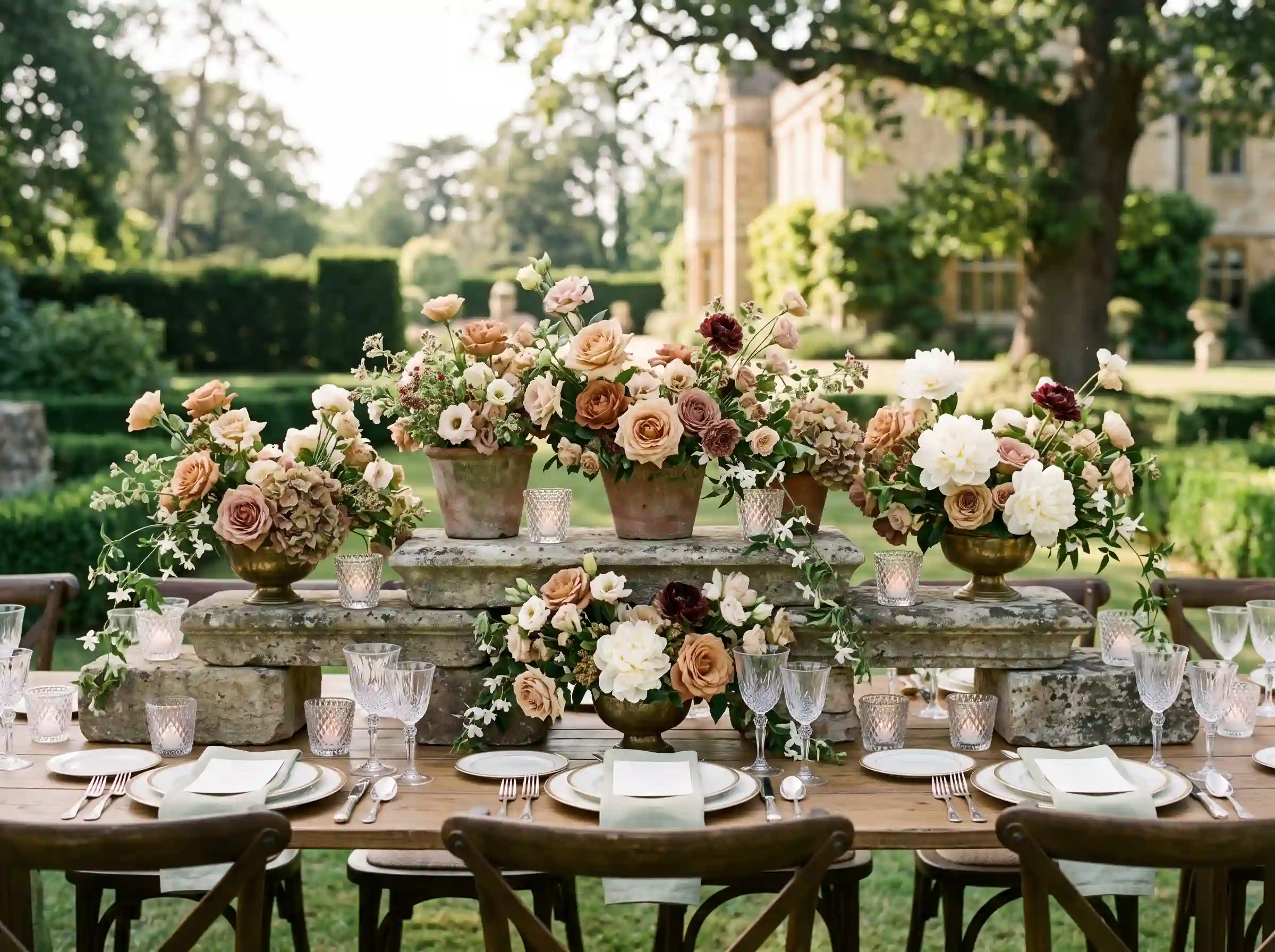 layered garden style wedding flowers in vintage vessels creating estate inspired tablescape