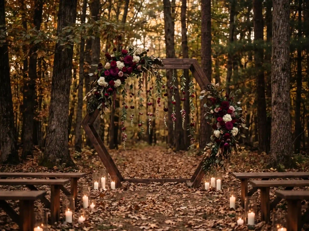 Crimson Woodland Romance Inspiration Deep forest Woodland ceremony floral hexagon… K