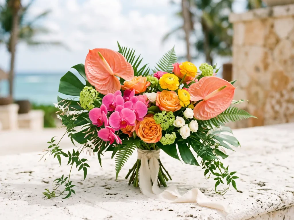 Tropical Celebration Inspiration A destination w Tropical bridal bouquet arrangement K