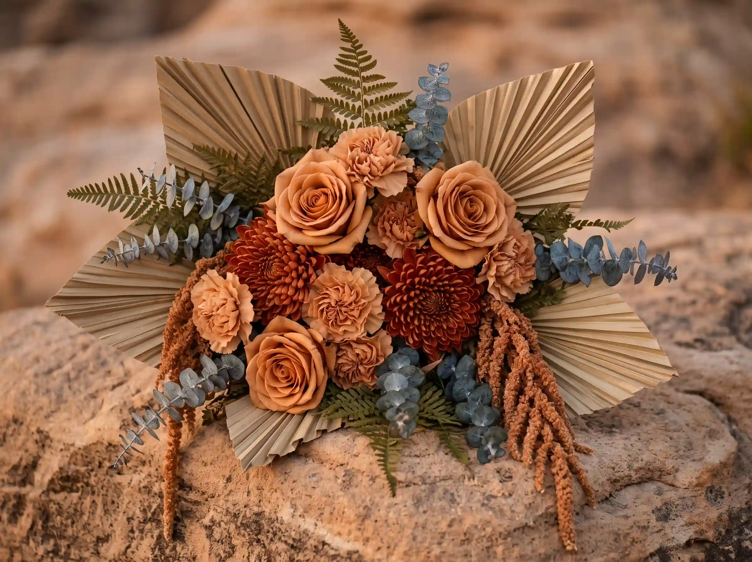 Warm terracotta and orange boho wedding bouquet with sunset-inspired tones and texture