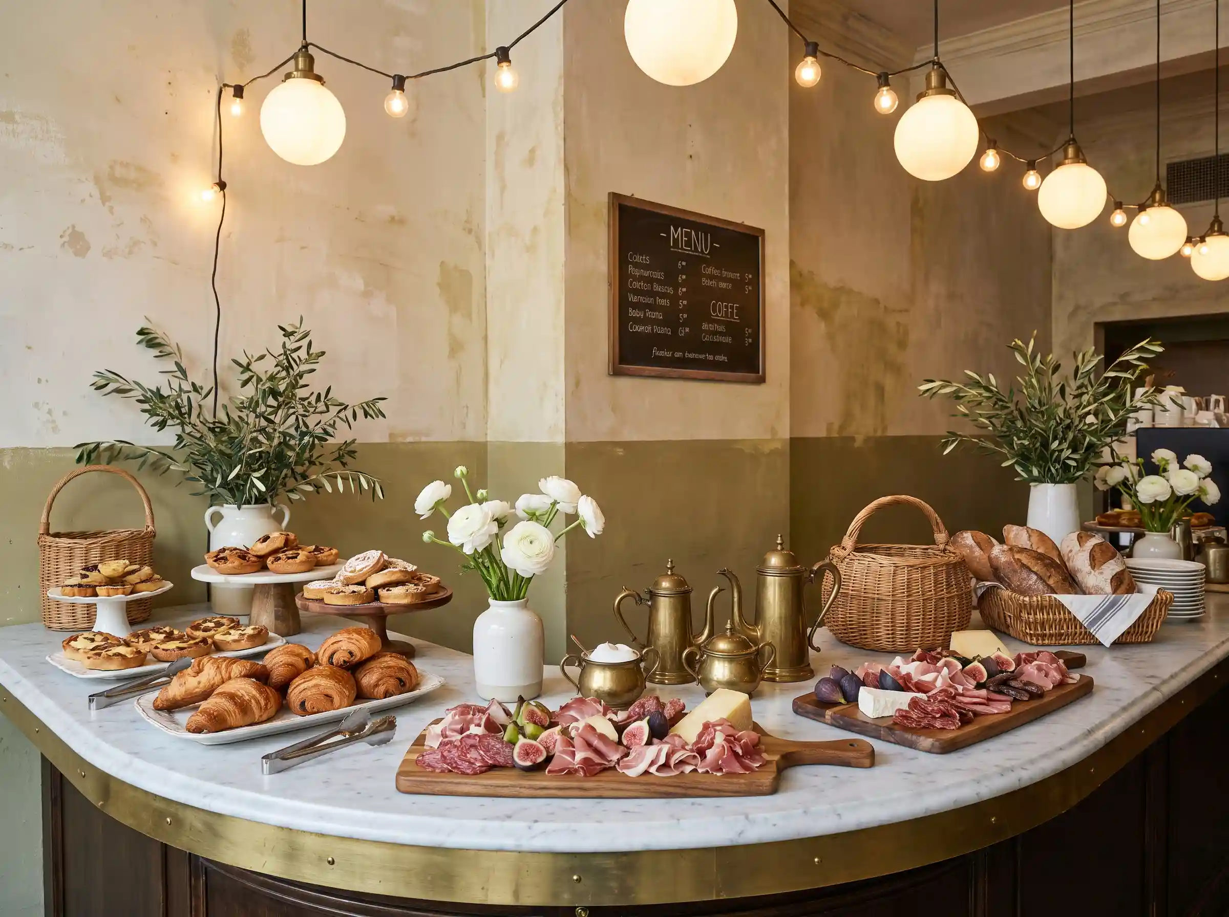European café inspired wedding food station with marble counter pastries and olive branch décor