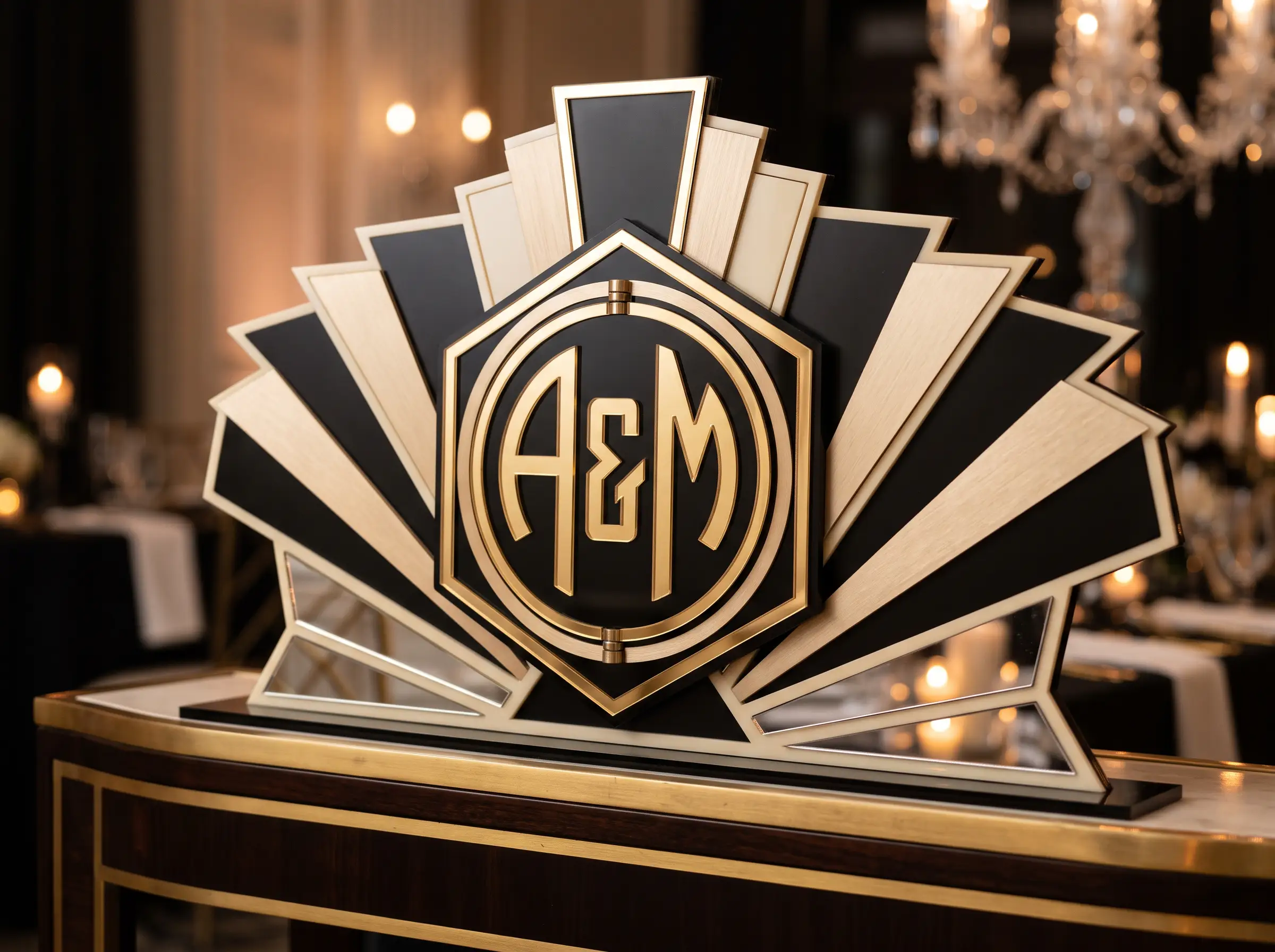 Art Deco fan monogram DIY cake topper with geometric patterns and gold accents
