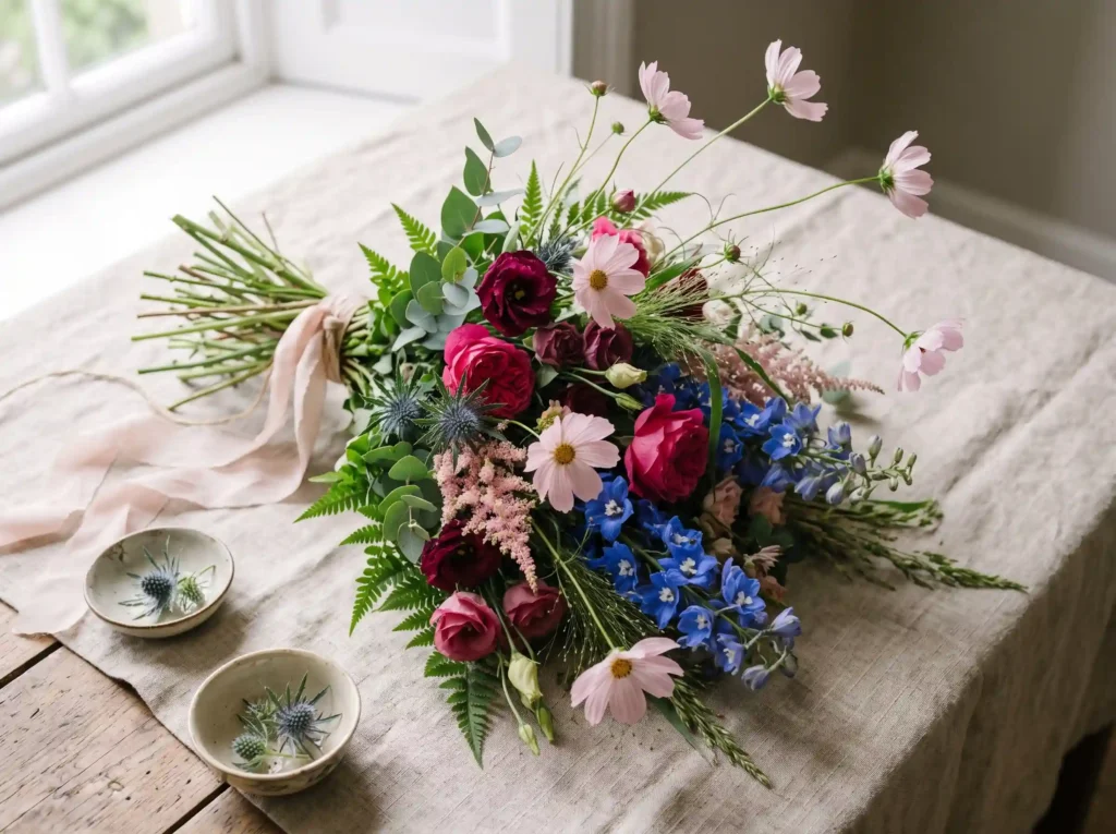 Sapphire Meadow Luxe Inspiration Inspired by wil Bouquet with delphinium and roses