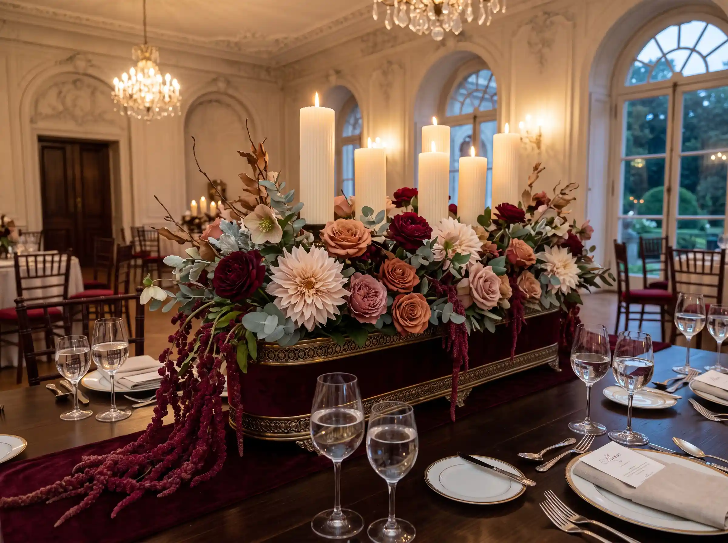 Rich burgundy floral centerpiece with velvet textures and deep moody wedding tones