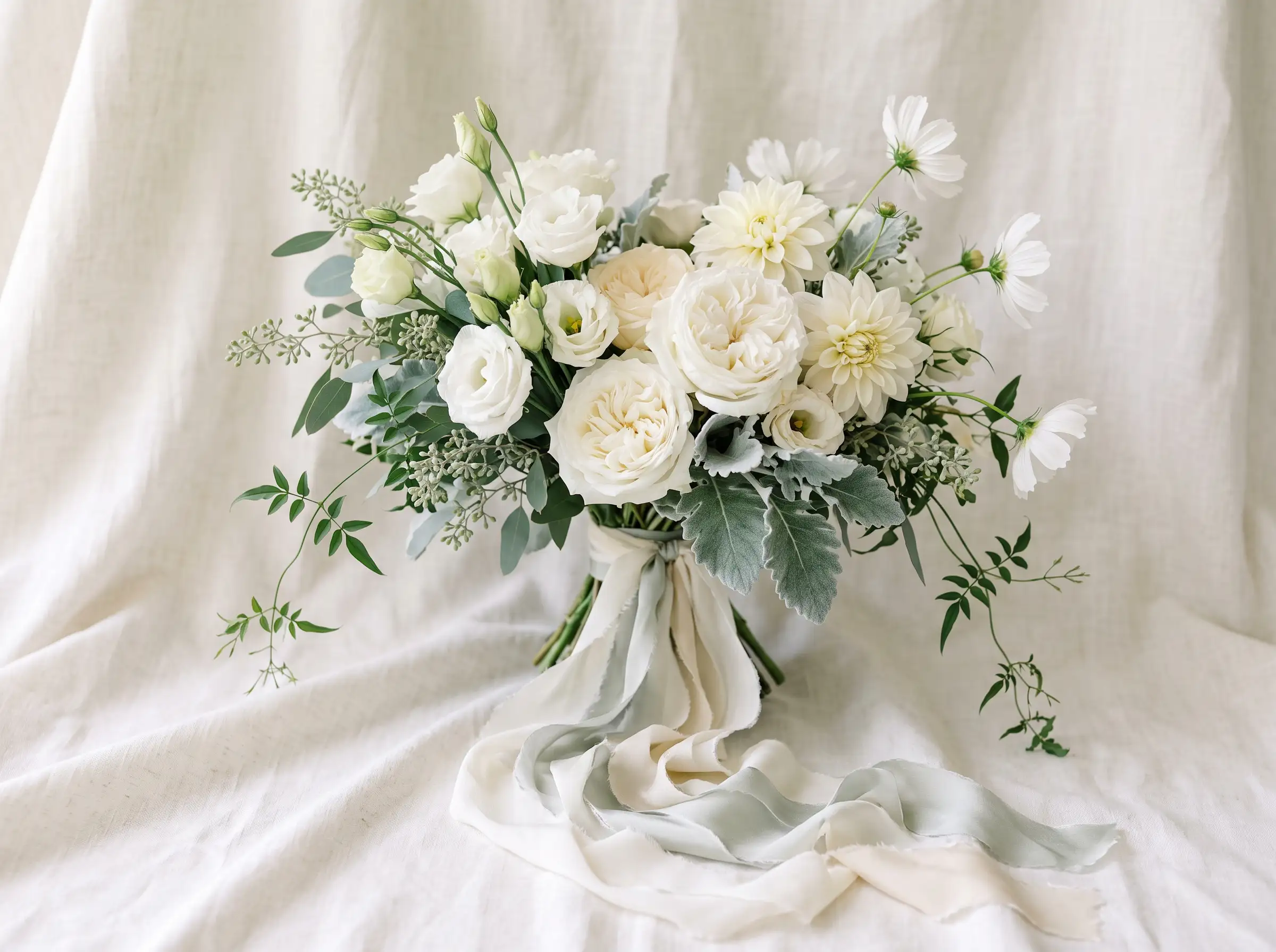 Elegant ivory bridal bouquet with white and cream garden flowers in refined boho arrangement