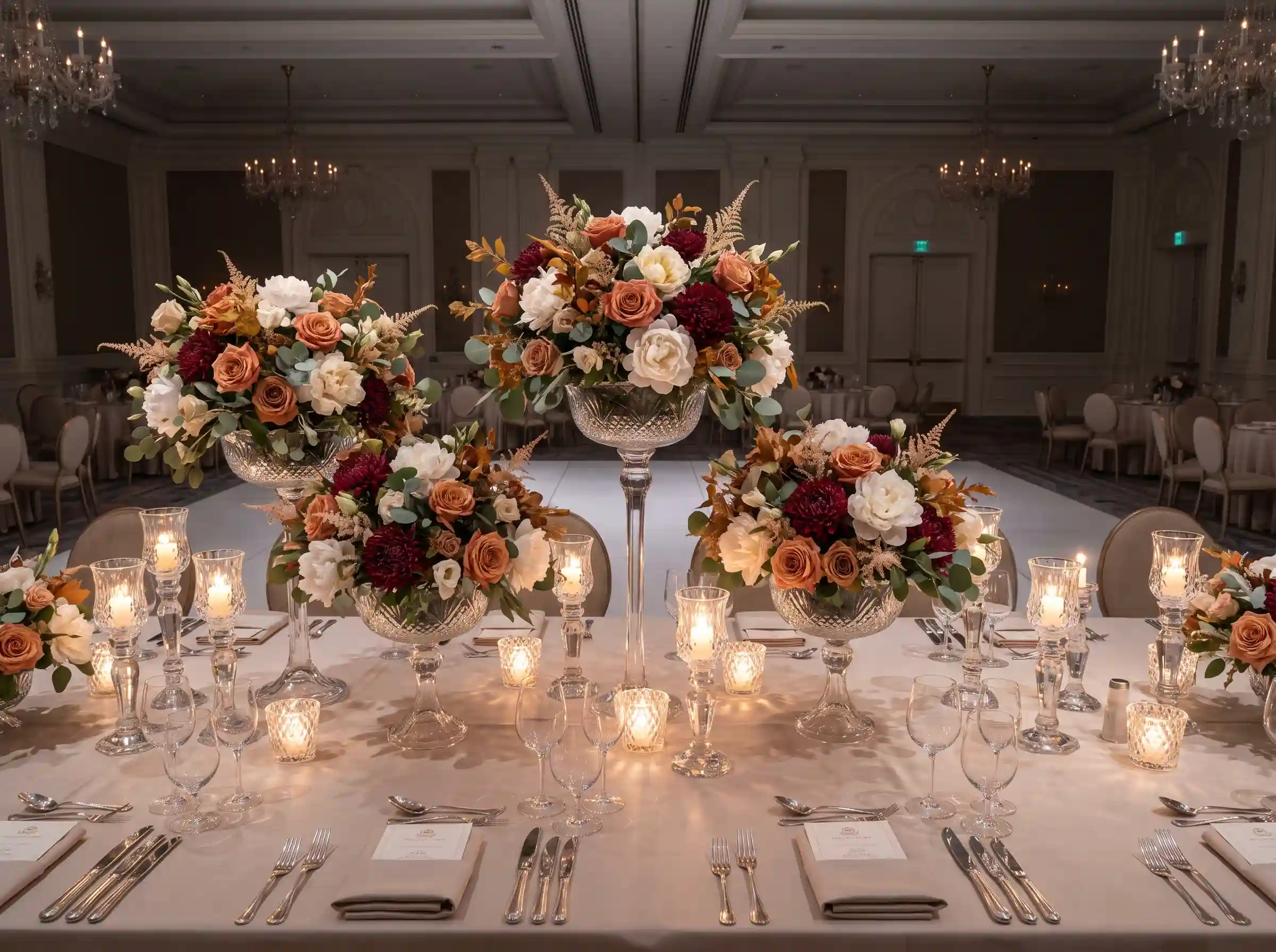 Amber crystal vase with lush blooming flowers creating a warm elegant wedding centerpiece
