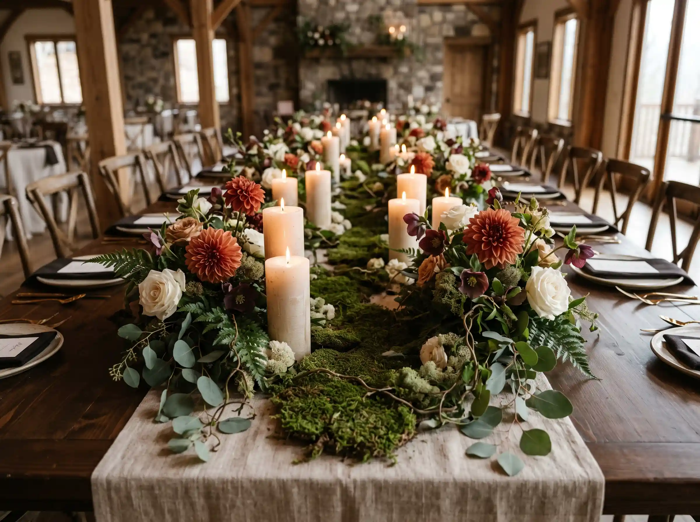 Enchanted woodland wedding table with candles moss and natural forest-inspired florals