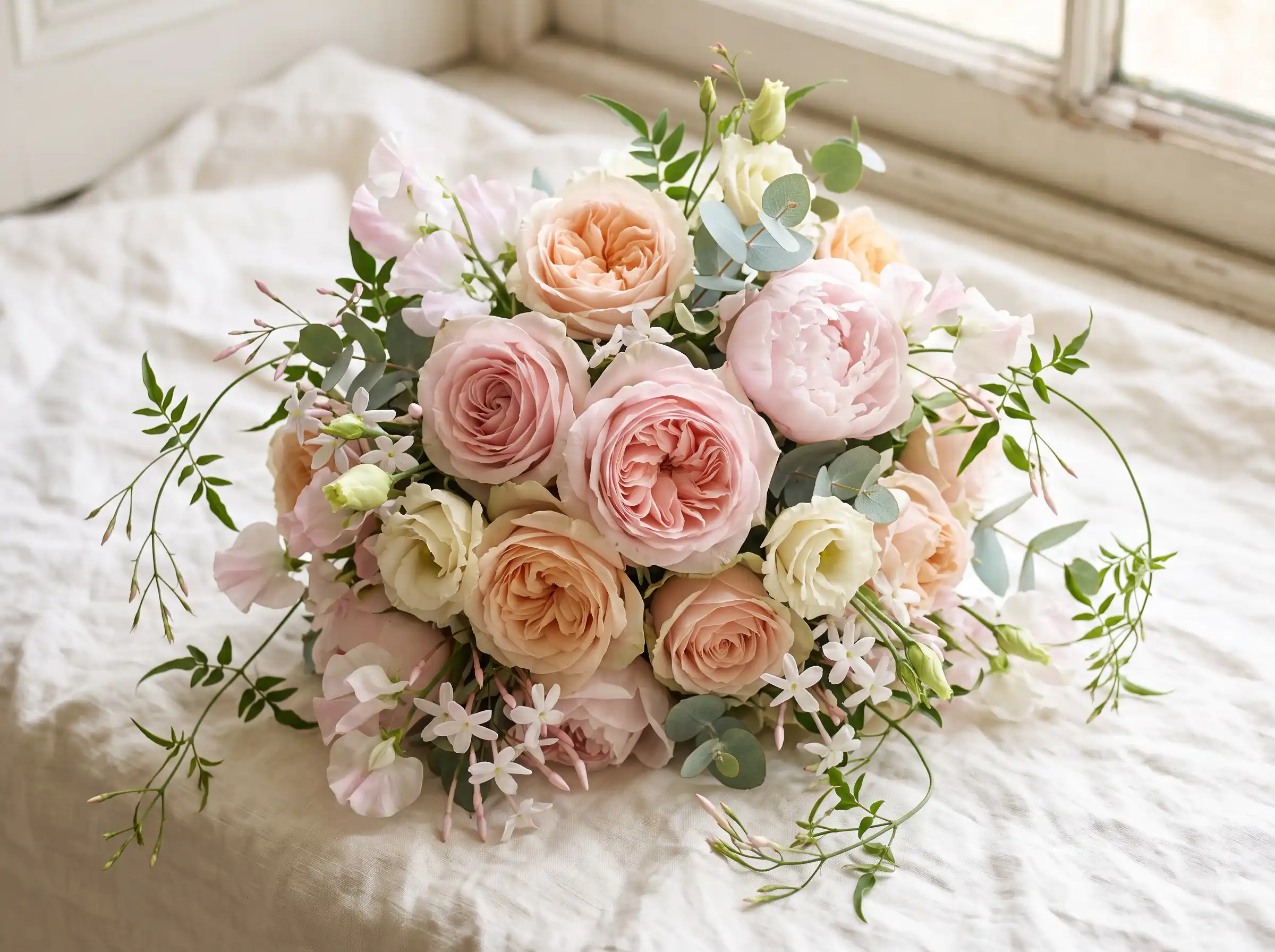 Soft romantic French garden bridal bouquet with European-inspired boho wedding flowers