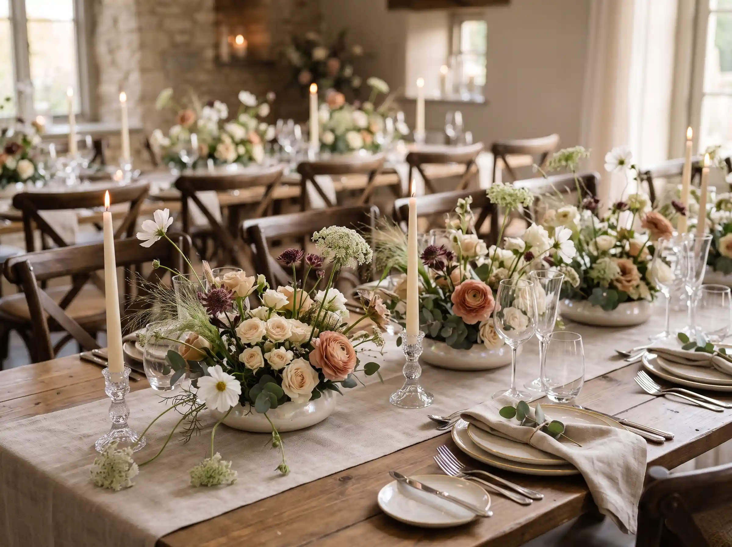pearl scattered meadow style wedding centerpiece with taper candles and wildflowers