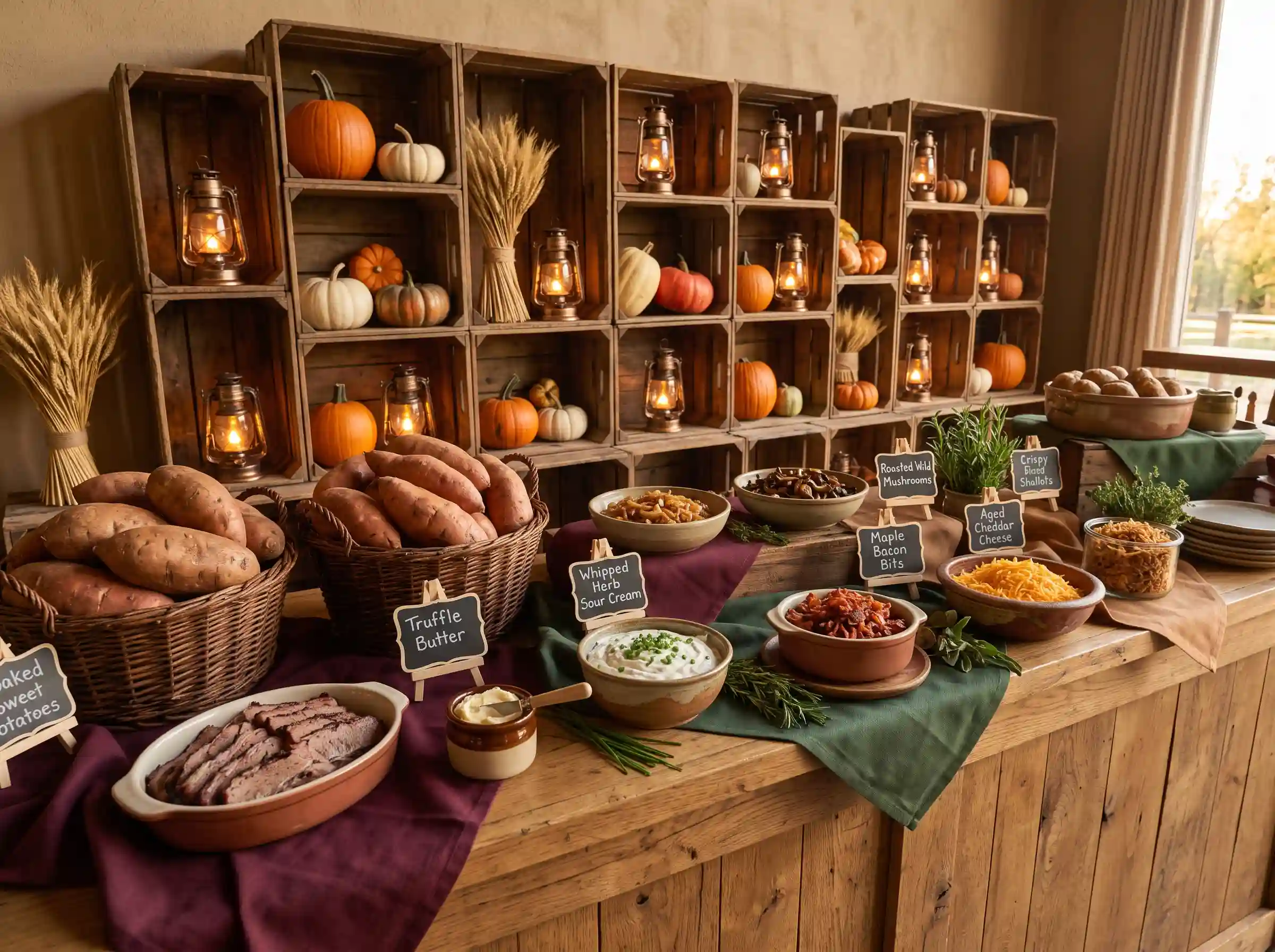 Baked potato harvest cellar buffet with vintage apple crates pumpkins and gourmet toppings at fall wedding